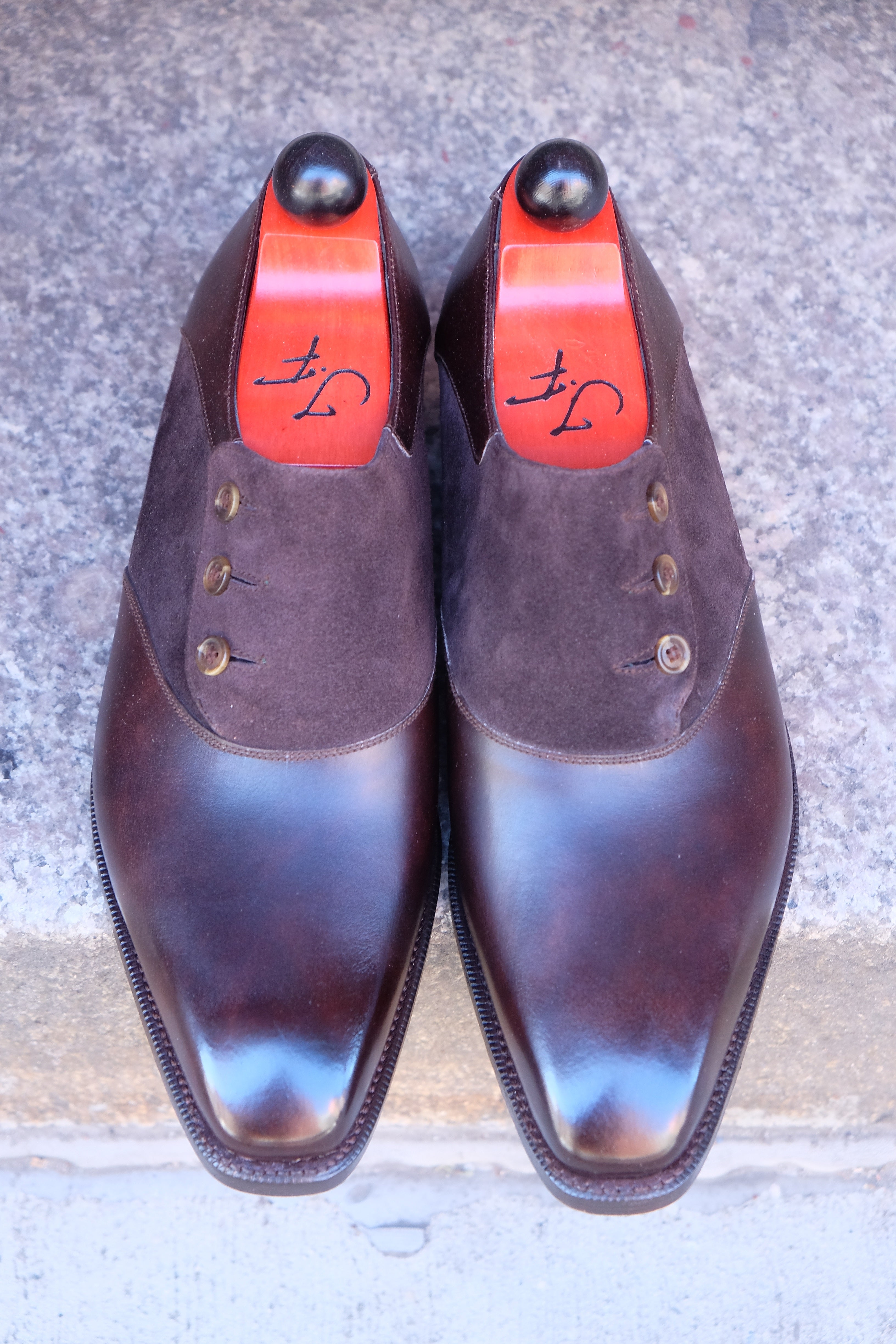Aurora - MTO - Dark Brown Museum Calf / Dark Brown Suede - MGF Last - Double Leather Sole-Made To Order Button Shoe Plain Toe-J.FitzPatrick Footwear