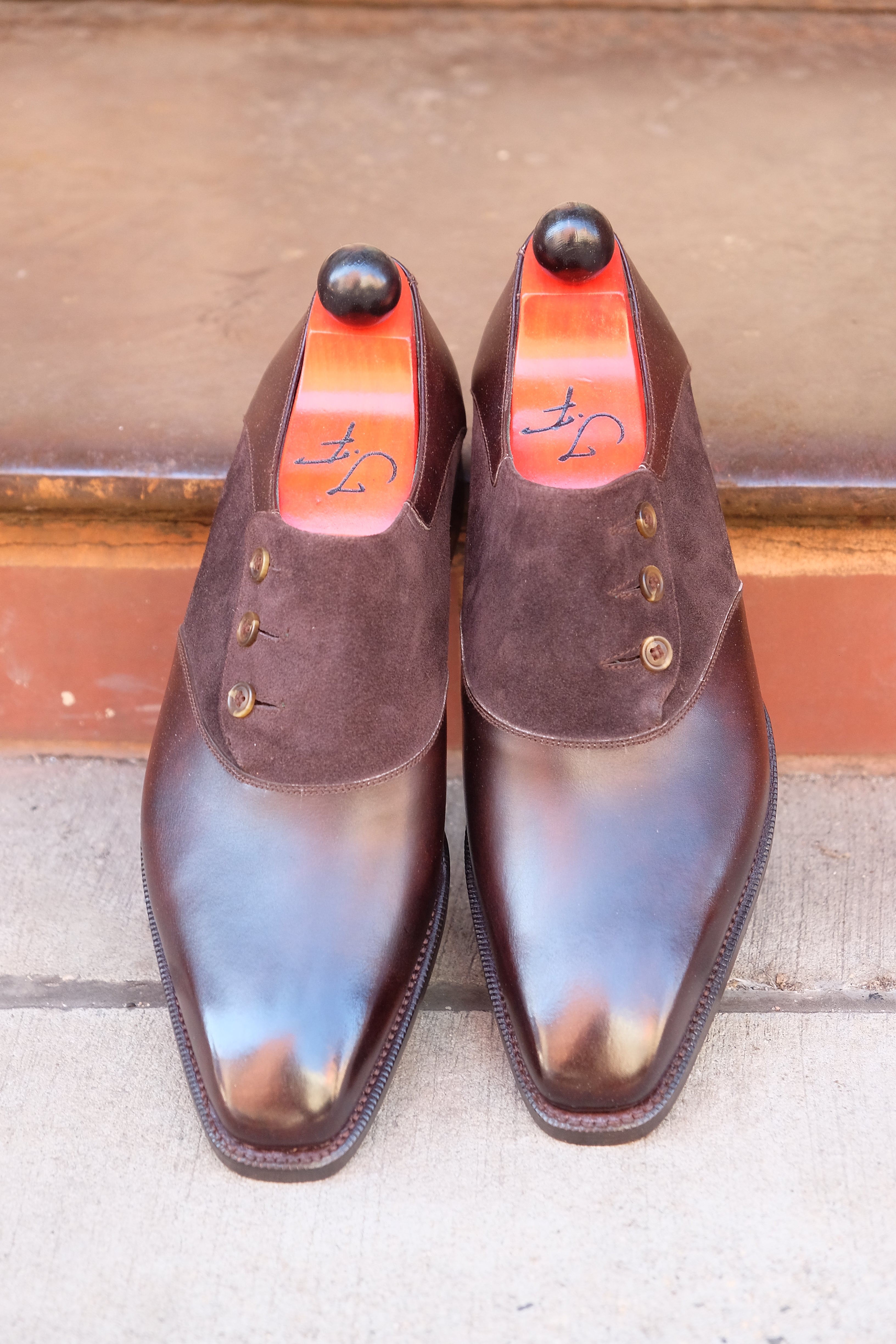 Aurora - MTO - Dark Brown Museum Calf / Dark Brown Suede - MGF Last - Double Leather Sole-Made To Order Button Shoe Plain Toe-J.FitzPatrick Footwear