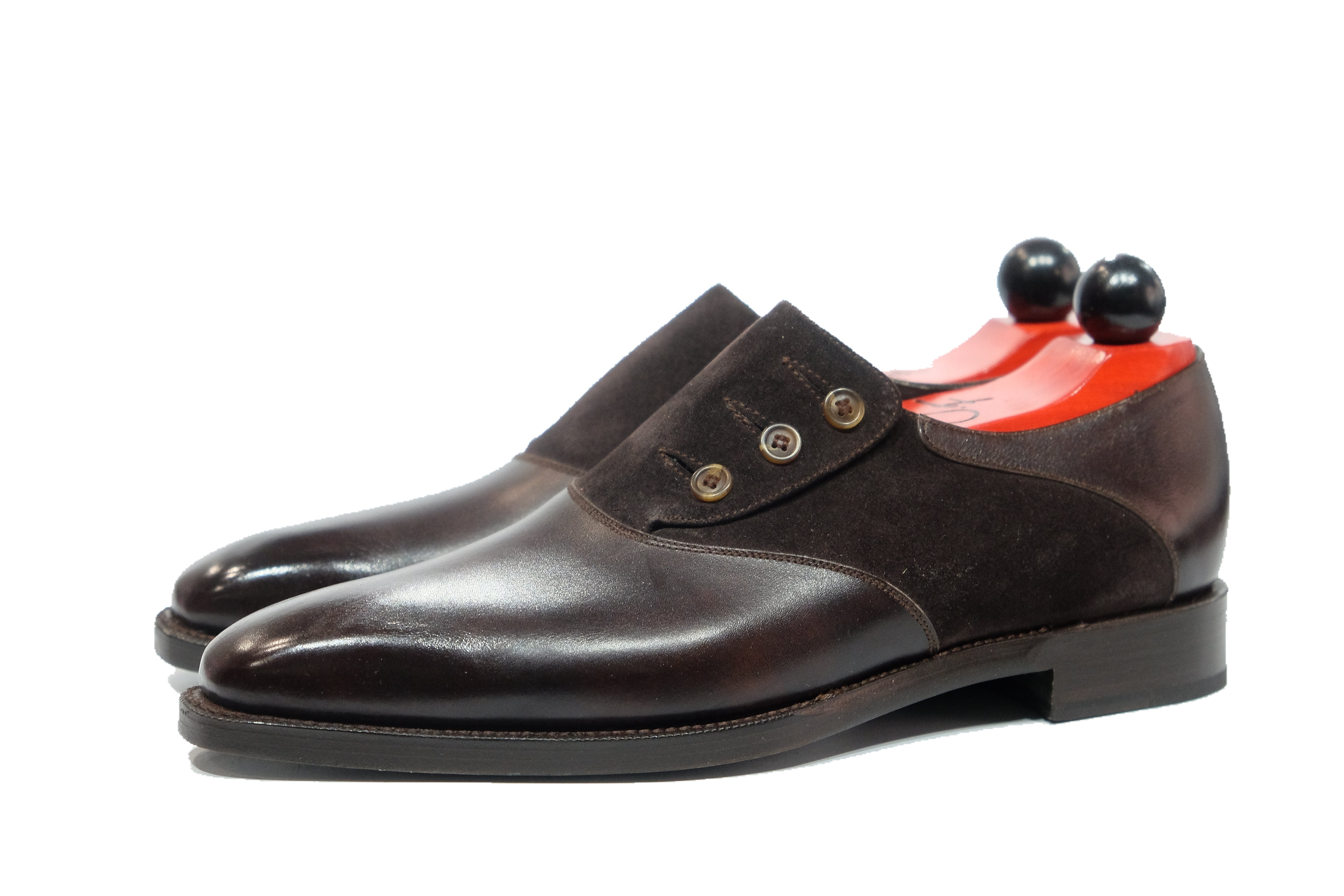 Aurora - MTO - Dark Brown Museum Calf / Dark Brown Suede - MGF Last - Double Leather Sole-Made To Order Button Shoe Plain Toe-J.FitzPatrick Footwear