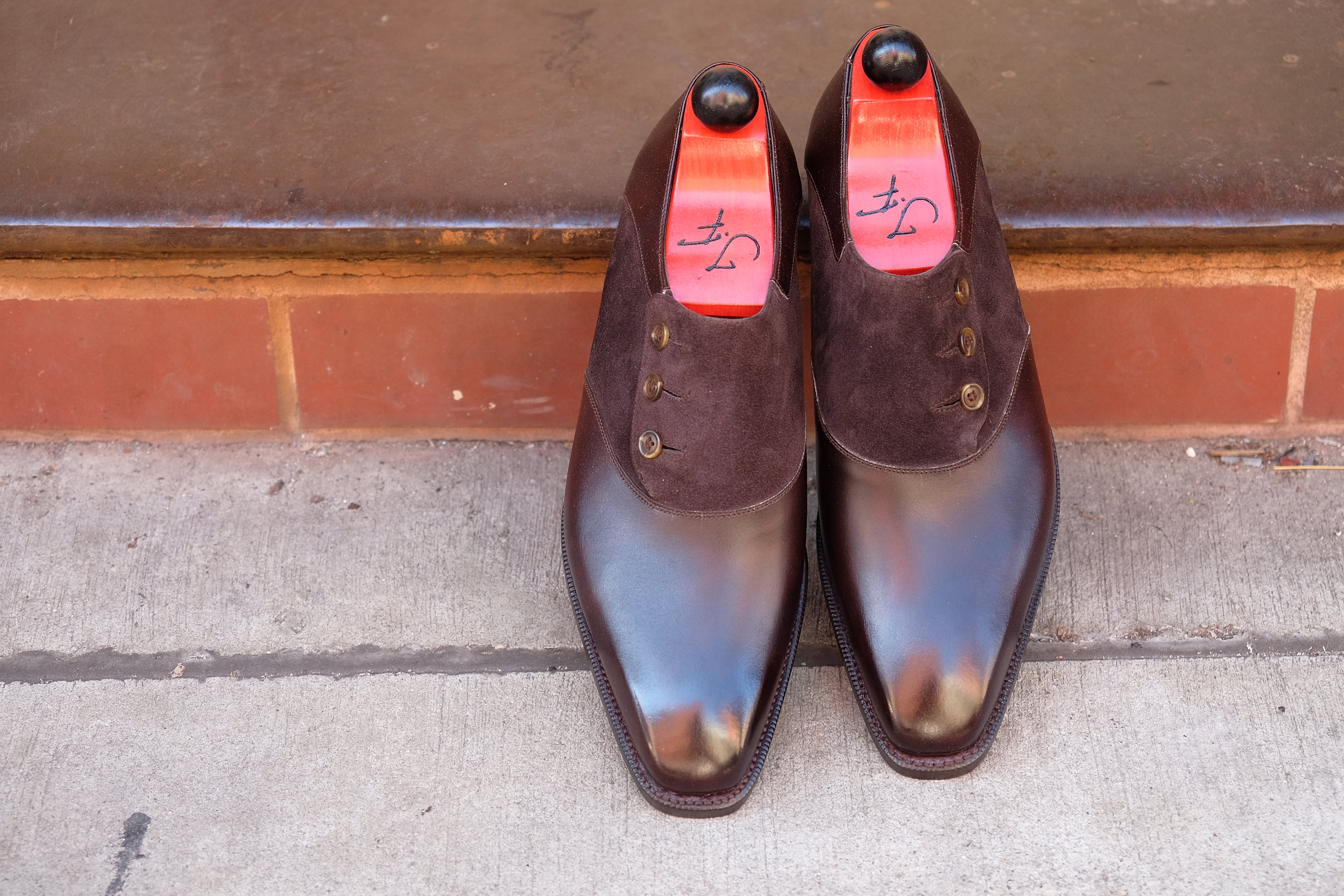 Aurora - MTO - Dark Brown Museum Calf / Dark Brown Suede - MGF Last - Double Leather Sole-Made To Order Button Shoe Plain Toe-J.FitzPatrick Footwear