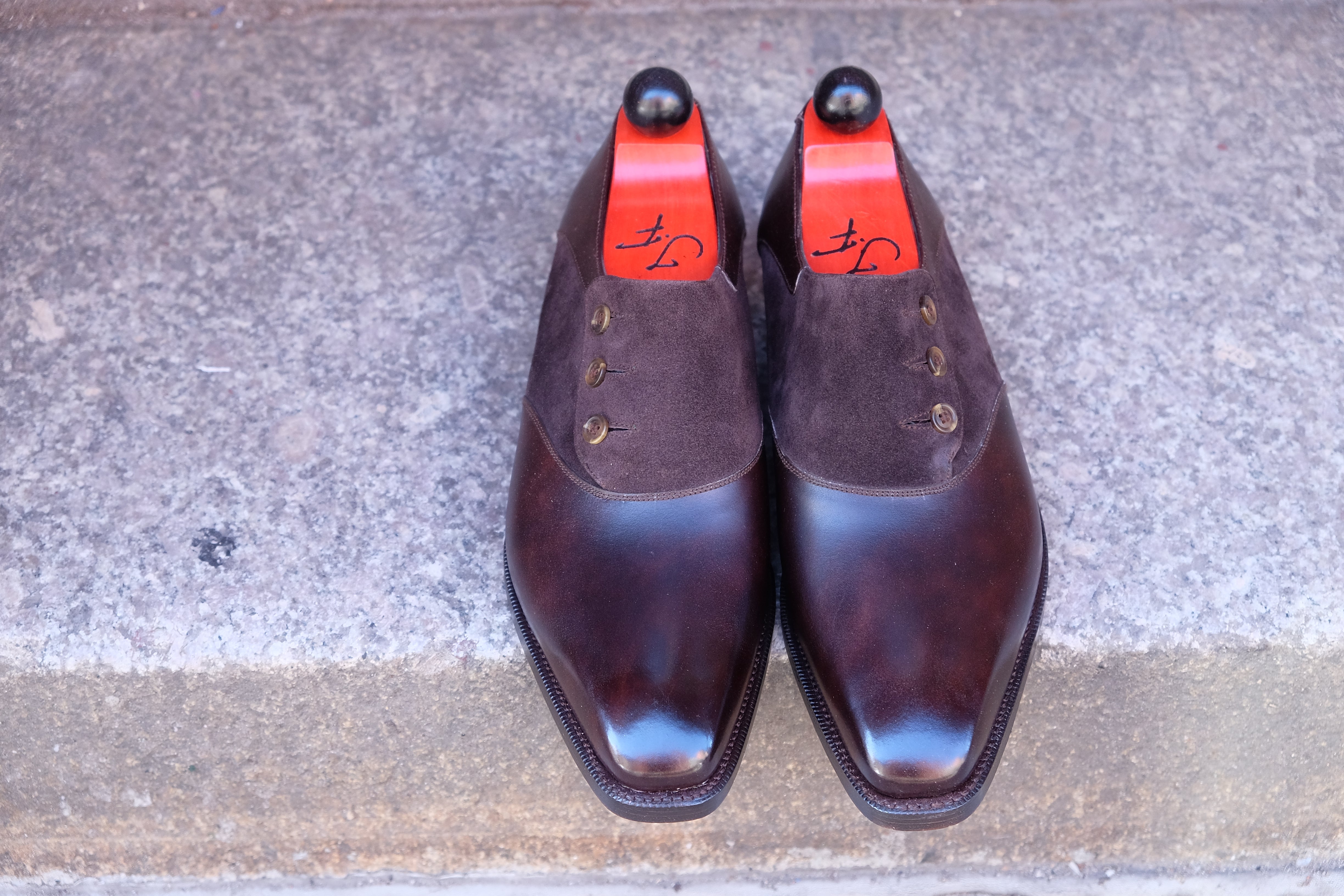 Aurora - MTO - Dark Brown Museum Calf / Dark Brown Suede - MGF Last - Double Leather Sole-Made To Order Button Shoe Plain Toe-J.FitzPatrick Footwear