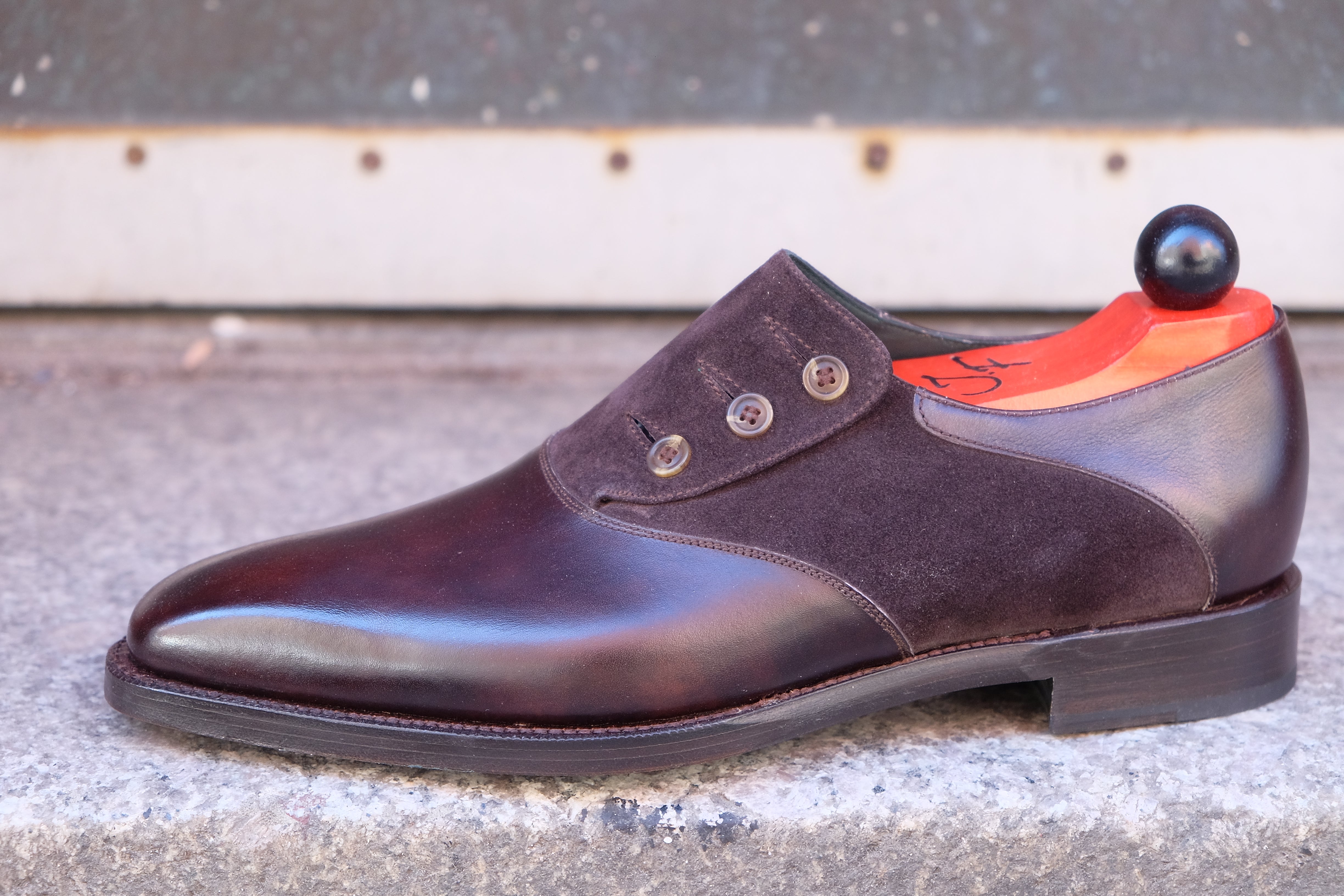 Aurora - MTO - Dark Brown Museum Calf / Dark Brown Suede - MGF Last - Double Leather Sole-Made To Order Button Shoe Plain Toe-J.FitzPatrick Footwear