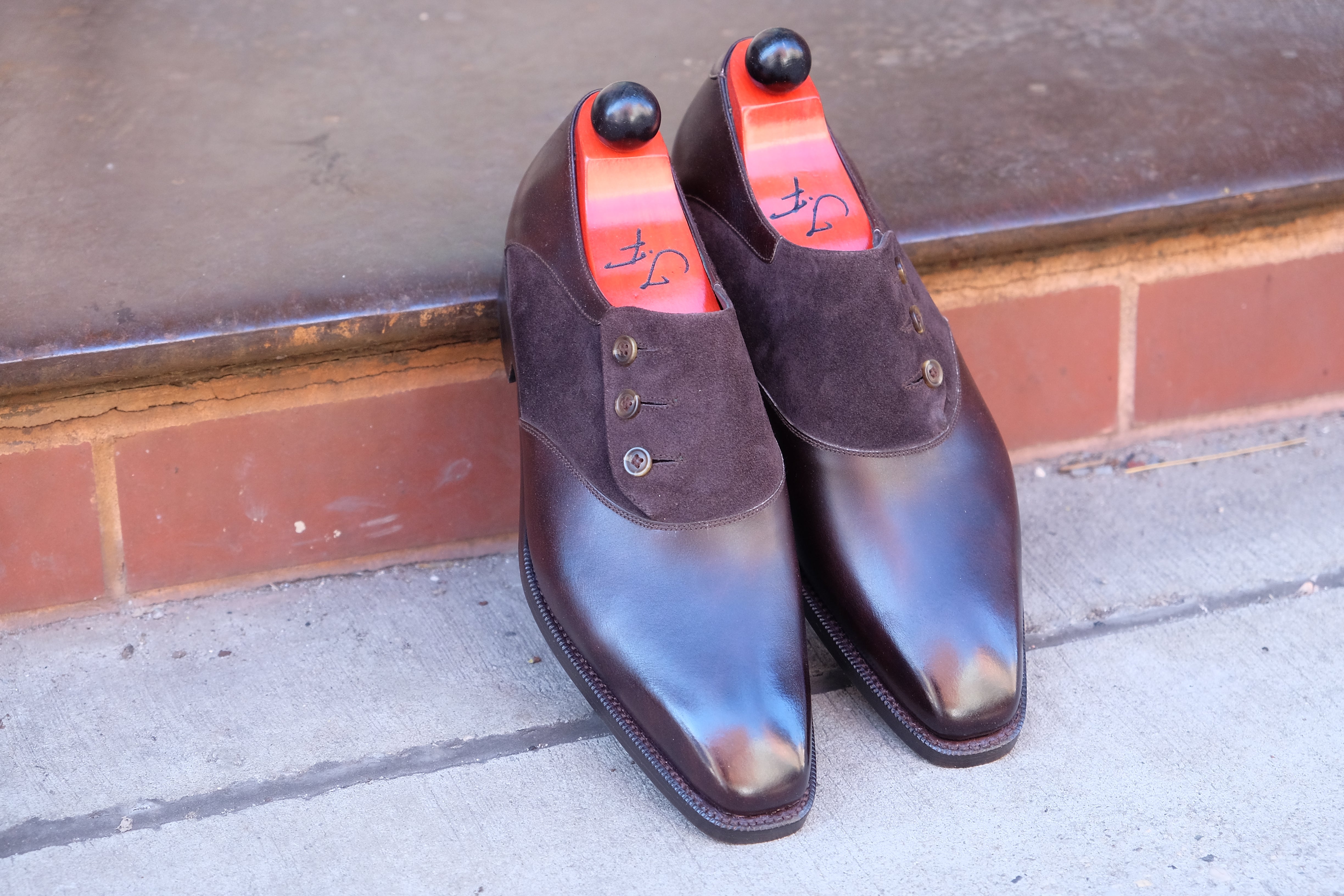Aurora - MTO - Dark Brown Museum Calf / Dark Brown Suede - MGF Last - Double Leather Sole-Made To Order Button Shoe Plain Toe-J.FitzPatrick Footwear