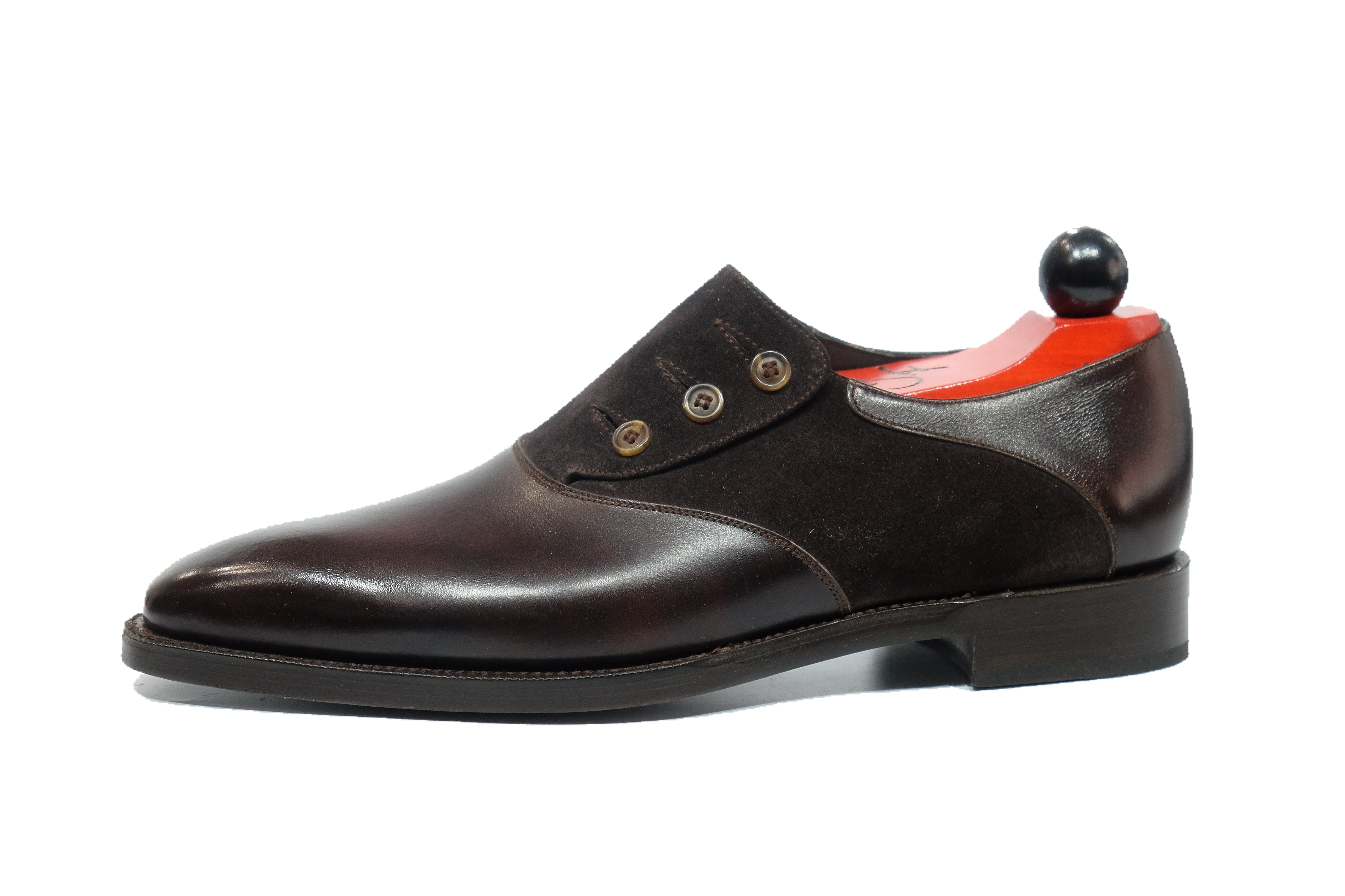 Aurora - MTO - Dark Brown Museum Calf / Dark Brown Suede - MGF Last - Double Leather Sole-Made To Order Button Shoe Plain Toe-J.FitzPatrick Footwear