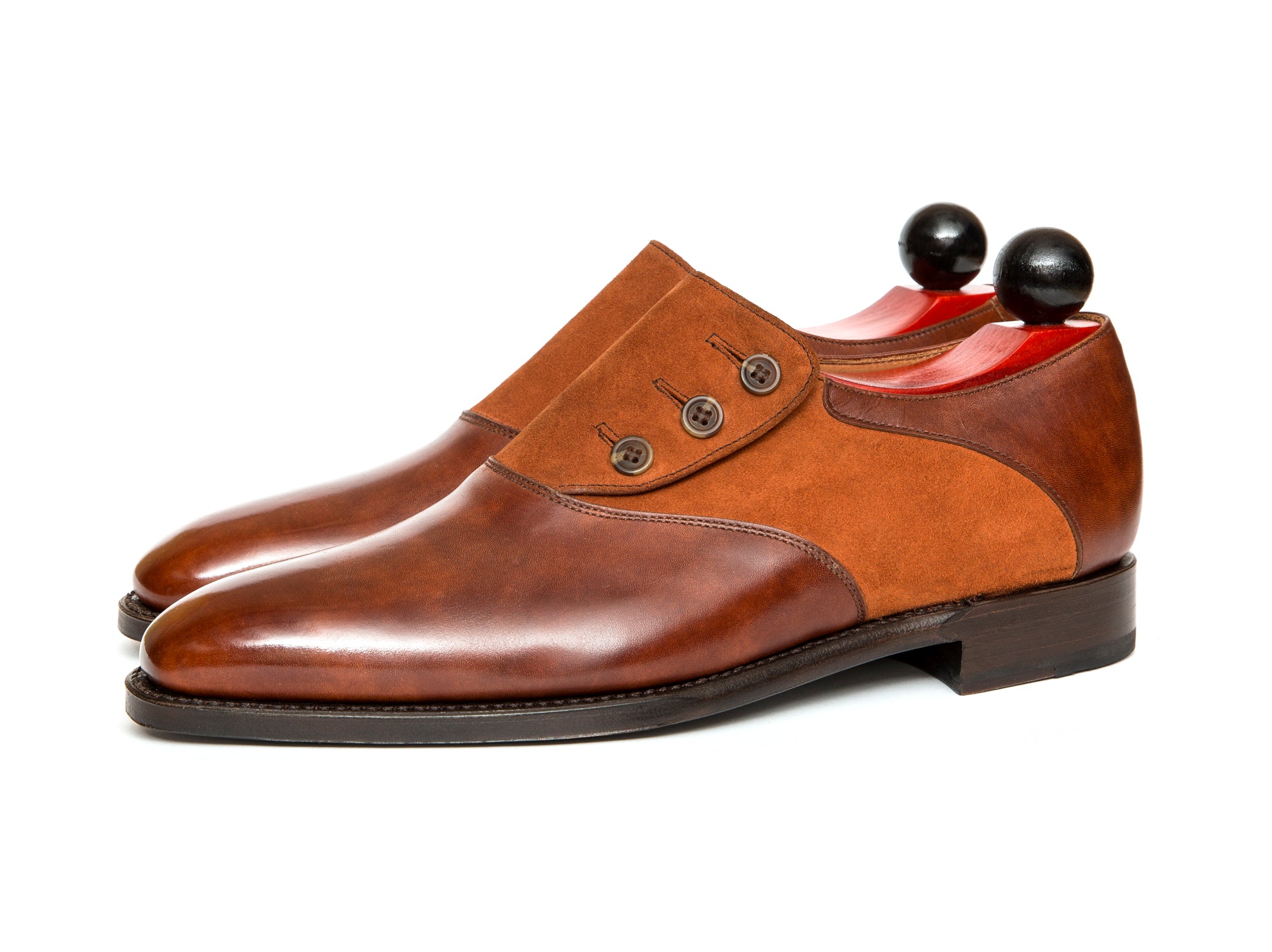 Aurora - MTO - Gold Museum Calf / Cinnamon Suede - LPB Last - Single Leather Sole-Made To Order Button Shoe Plain Toe-J.FitzPatrick Footwear