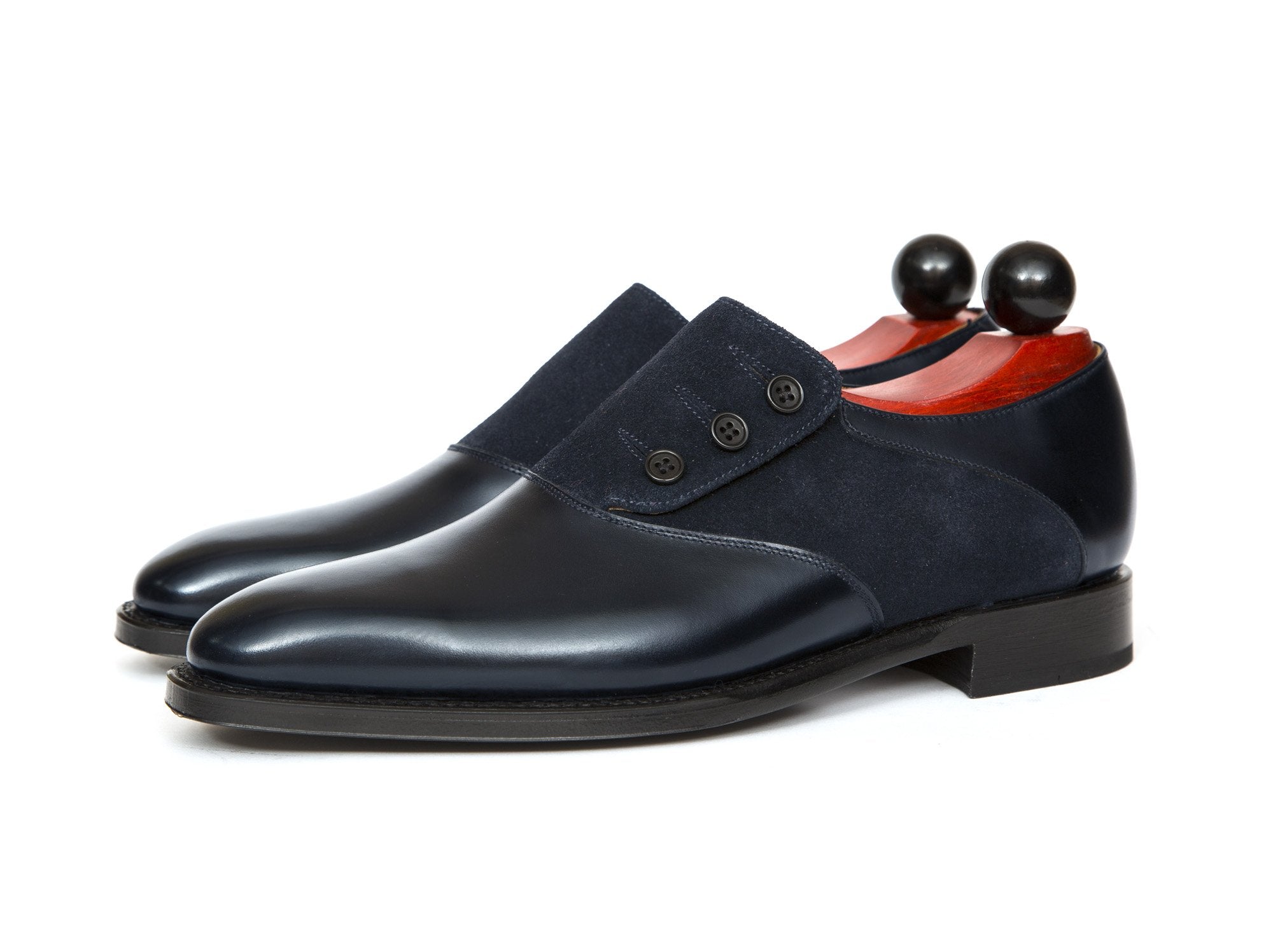 Aurora - MTO - Navy Museum Calf / Navy Suede - LPB Last - Single Leather Sole-Made To Order Button Shoe Plain Toe-J.FitzPatrick Footwear