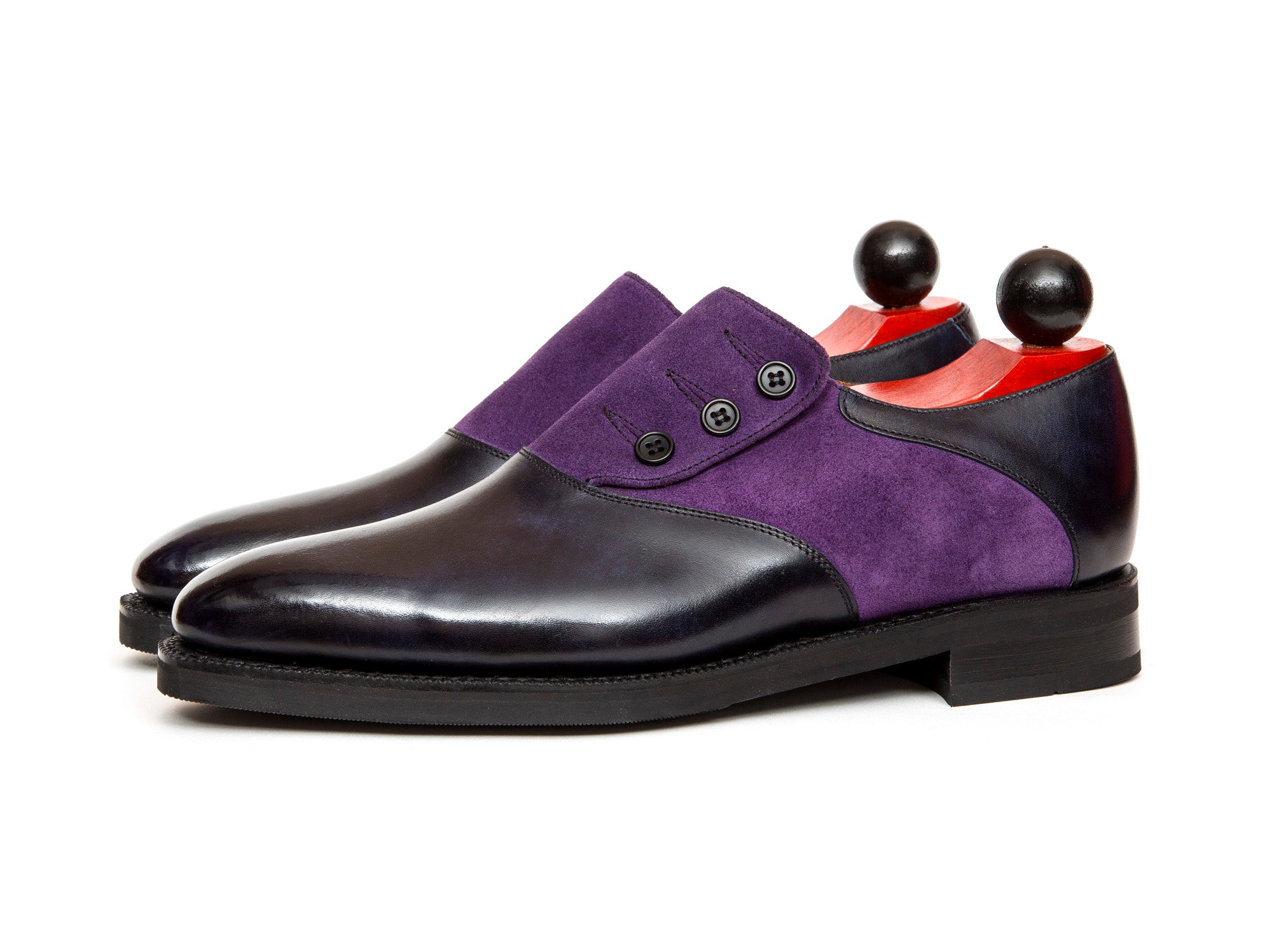 Aurora - MTO - Navy Museum Calf / Purple Suede - LPB Last - City Rubber Sole-Made To Order Button Shoe Plain Toe-J.FitzPatrick Footwear