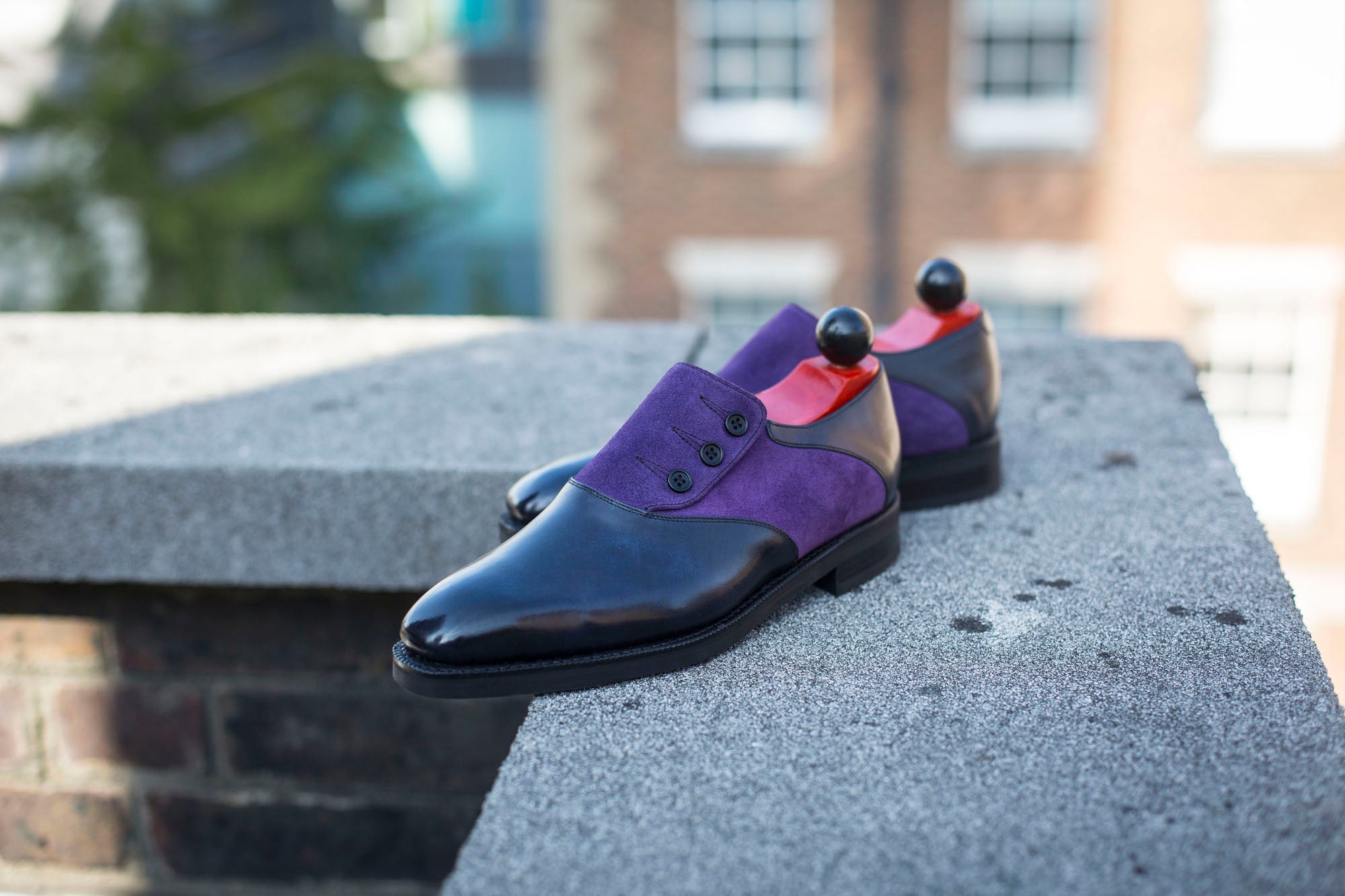 Aurora - MTO - Navy Museum Calf / Purple Suede - LPB Last - City Rubber Sole-Made To Order Button Shoe Plain Toe-J.FitzPatrick Footwear
