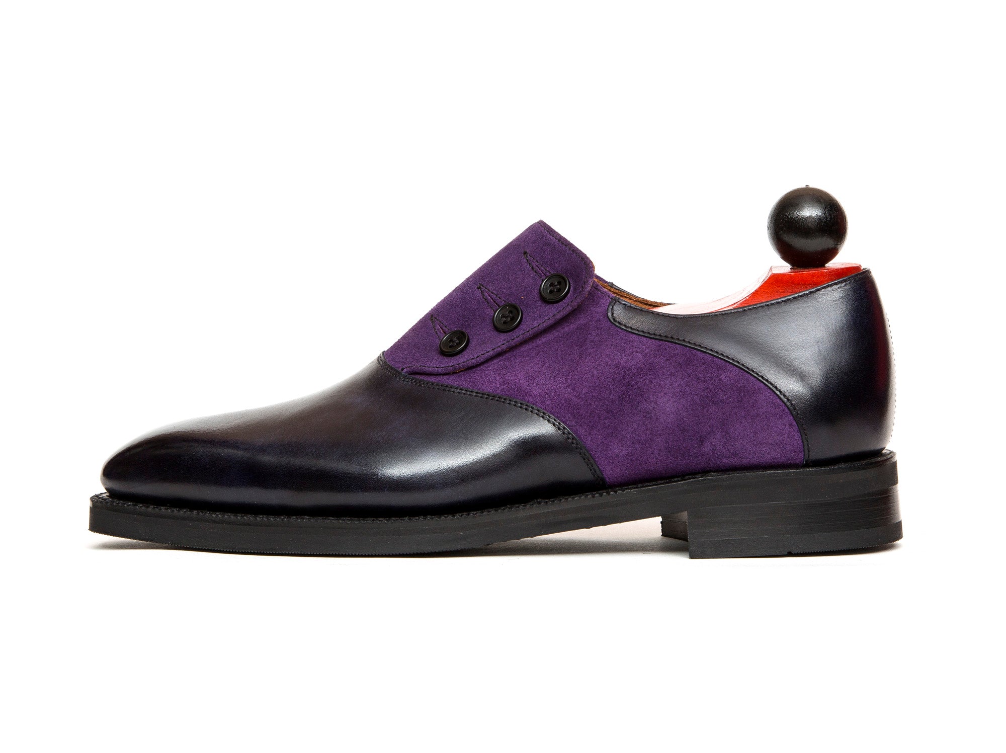 Aurora - MTO - Navy Museum Calf / Purple Suede - LPB Last - City Rubber Sole-Made To Order Button Shoe Plain Toe-J.FitzPatrick Footwear