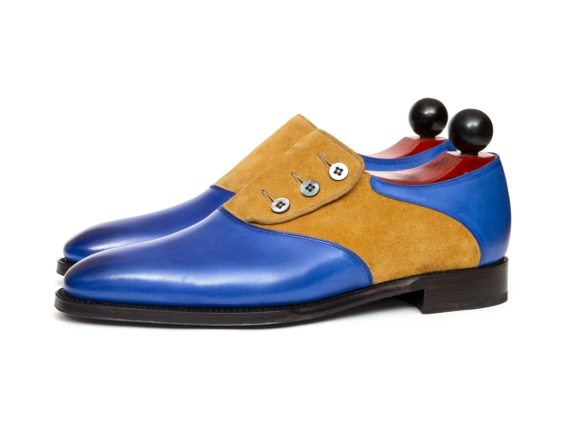 Aurora - MTO - Sky Blue Calf / Yellow Suede - LPB Last - Single Leather Sole-Made To Order Button Shoe Plain Toe-J.FitzPatrick Footwear