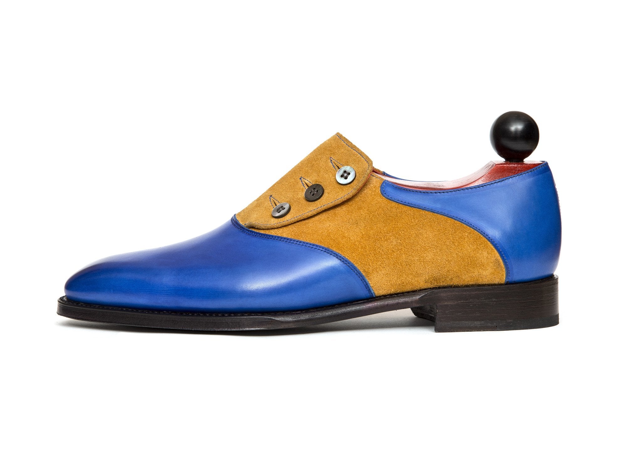 Aurora - MTO - Sky Blue Calf / Yellow Suede - LPB Last - Single Leather Sole-Made To Order Button Shoe Plain Toe-J.FitzPatrick Footwear