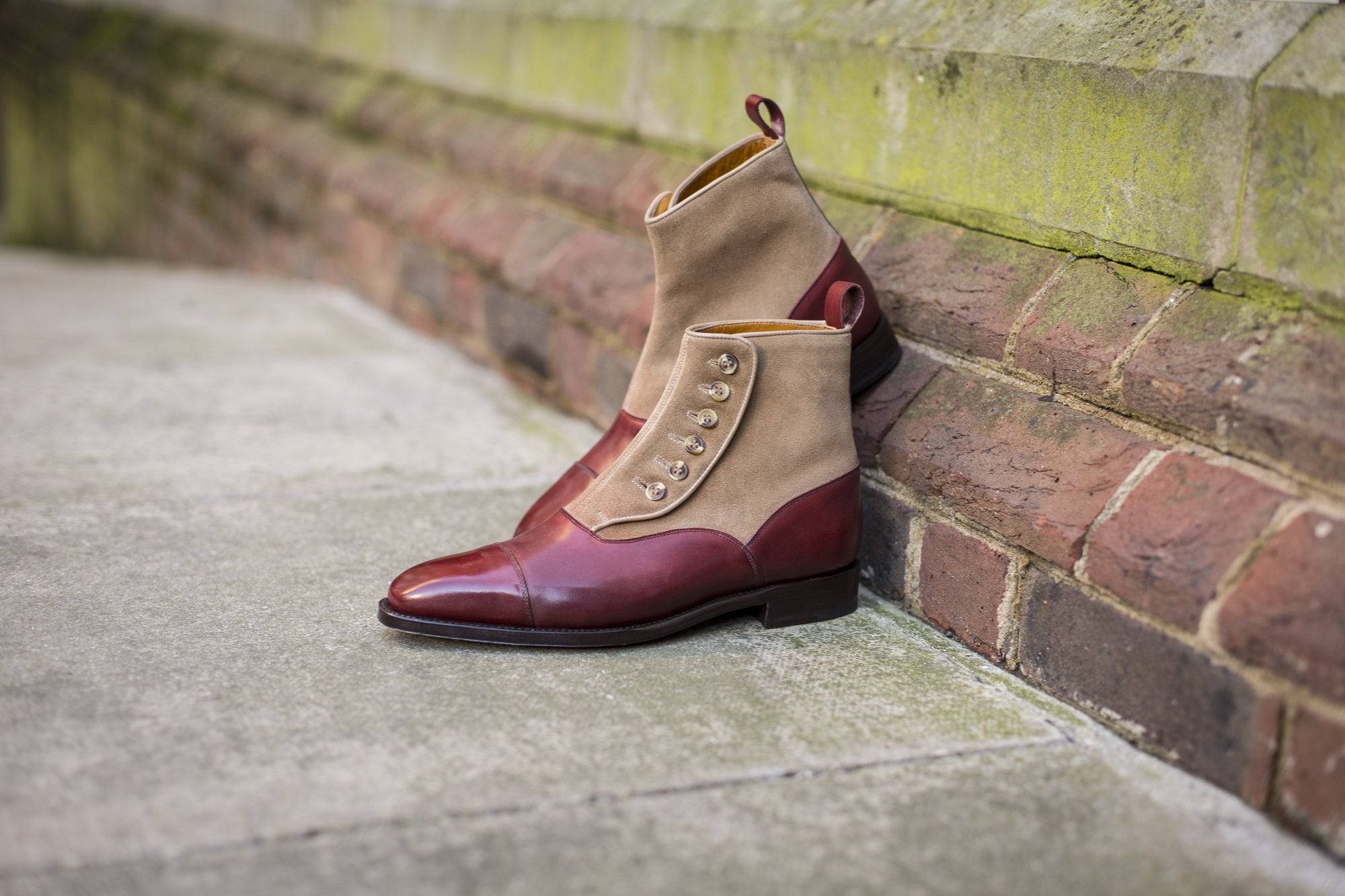 Bellevue - MTO - Burgundy Calf / Sand Suede - MGF Last - Natural Buttons - Single Leather Sole-Made To Order-J.FitzPatrick Footwear