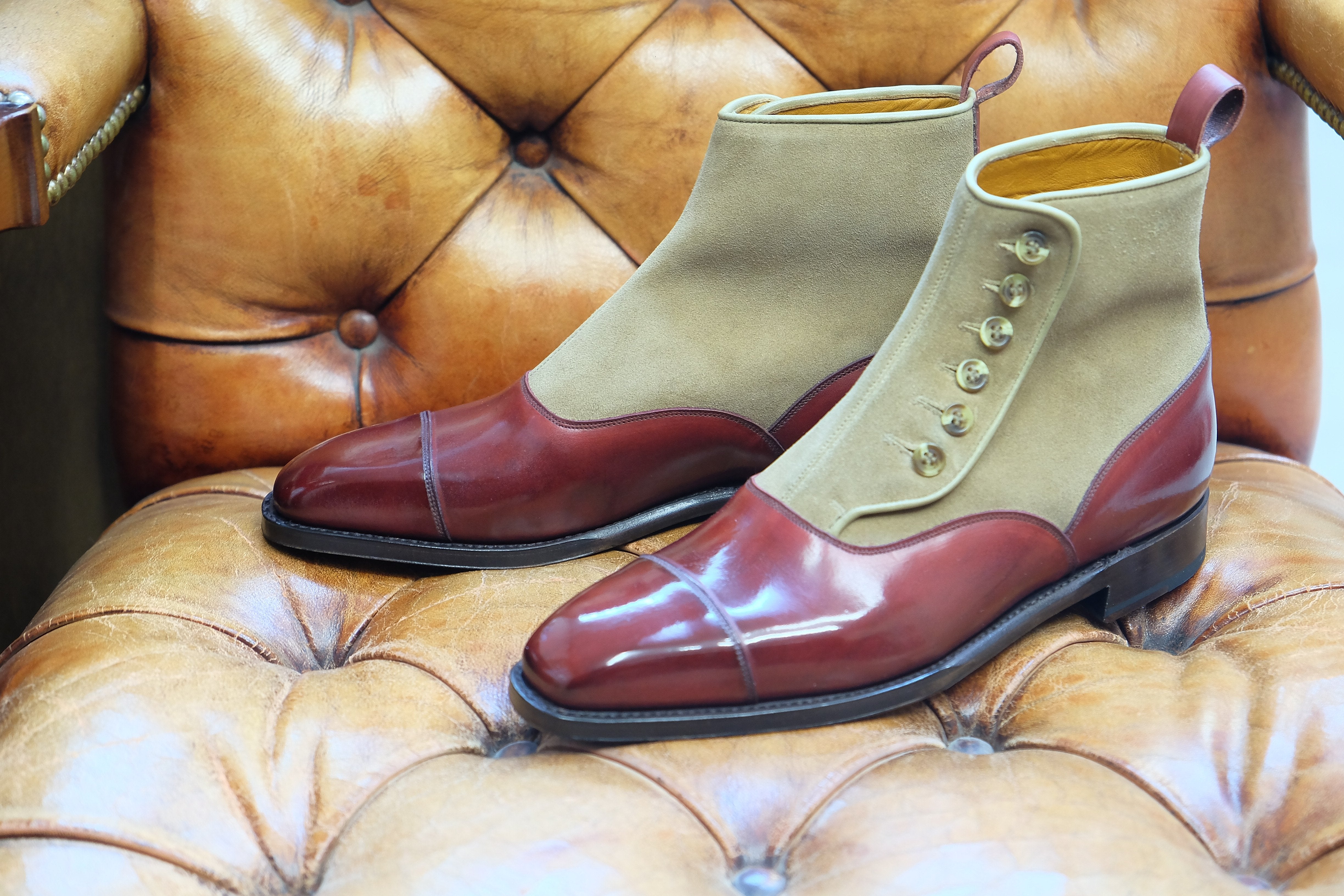 Bellevue - MTO - Burgundy Calf / Sand Suede - MGF Last - Natural Buttons - Single Leather Sole-Made To Order-J.FitzPatrick Footwear