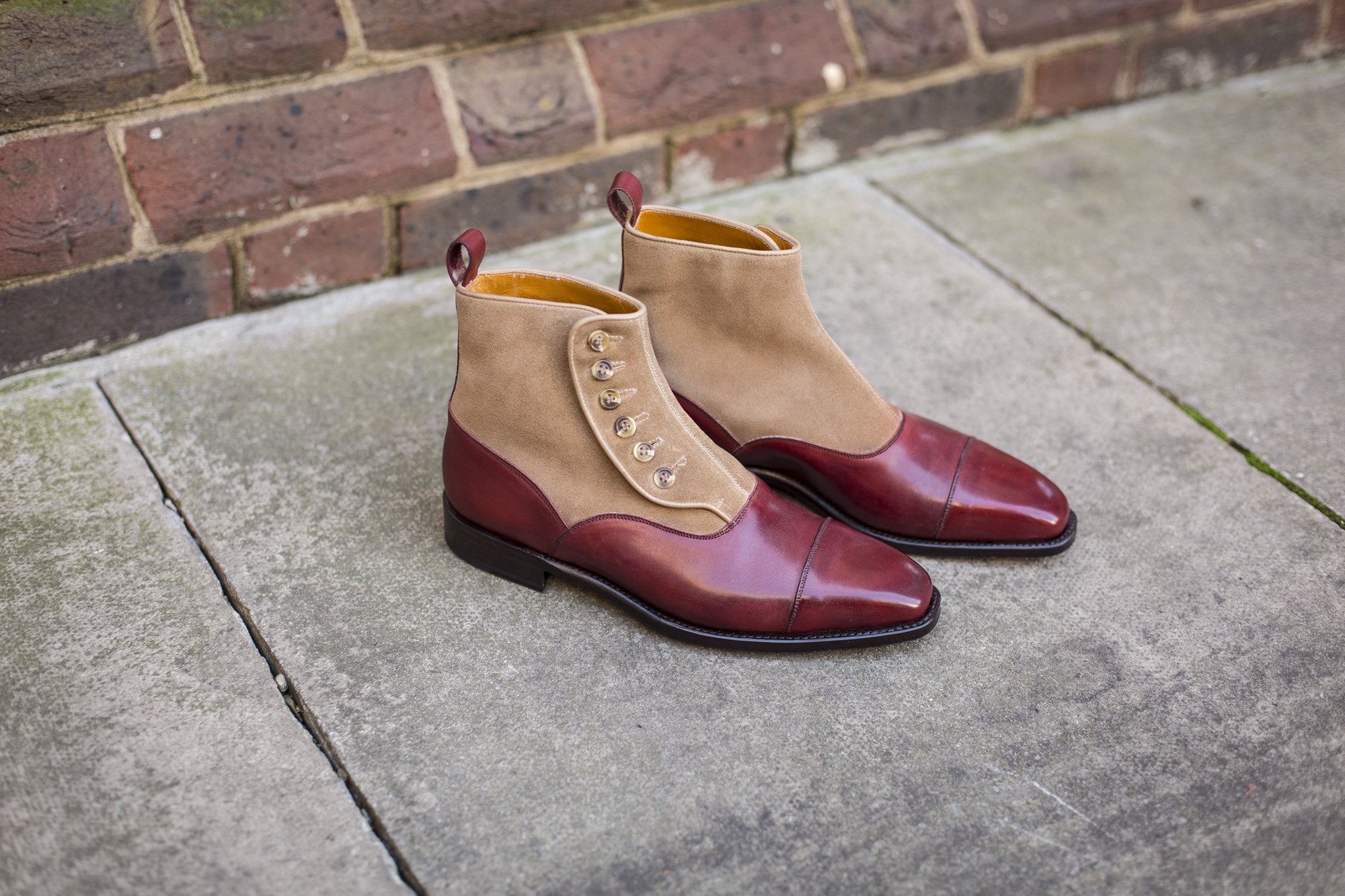 Bellevue - MTO - Burgundy Calf / Sand Suede - MGF Last - Natural Buttons - Single Leather Sole-Made To Order-J.FitzPatrick Footwear