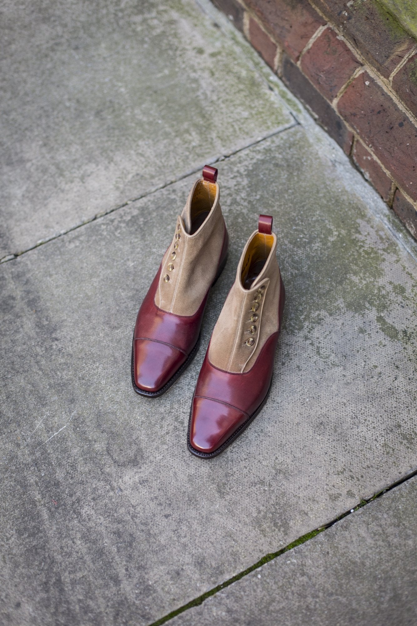Bellevue - MTO - Burgundy Calf / Sand Suede - MGF Last - Natural Buttons - Single Leather Sole-Made To Order-J.FitzPatrick Footwear