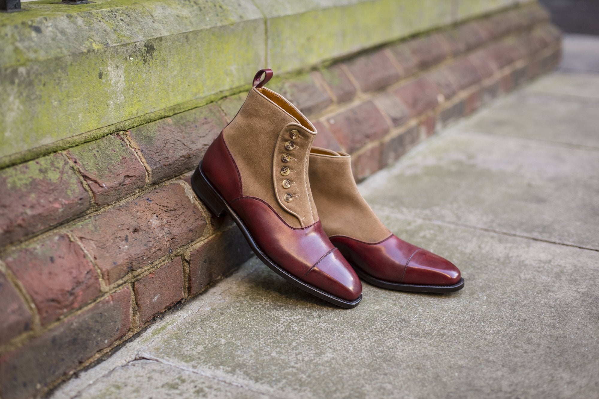 Bellevue - MTO - Burgundy Calf / Sand Suede - MGF Last - Natural Buttons - Single Leather Sole-Made To Order-J.FitzPatrick Footwear