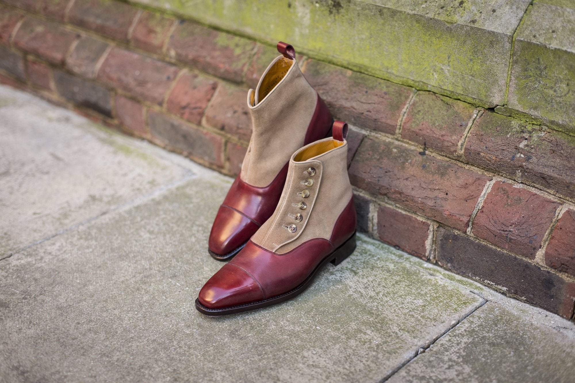 Bellevue - MTO - Burgundy Calf / Sand Suede - MGF Last - Natural Buttons - Single Leather Sole-Made To Order-J.FitzPatrick Footwear