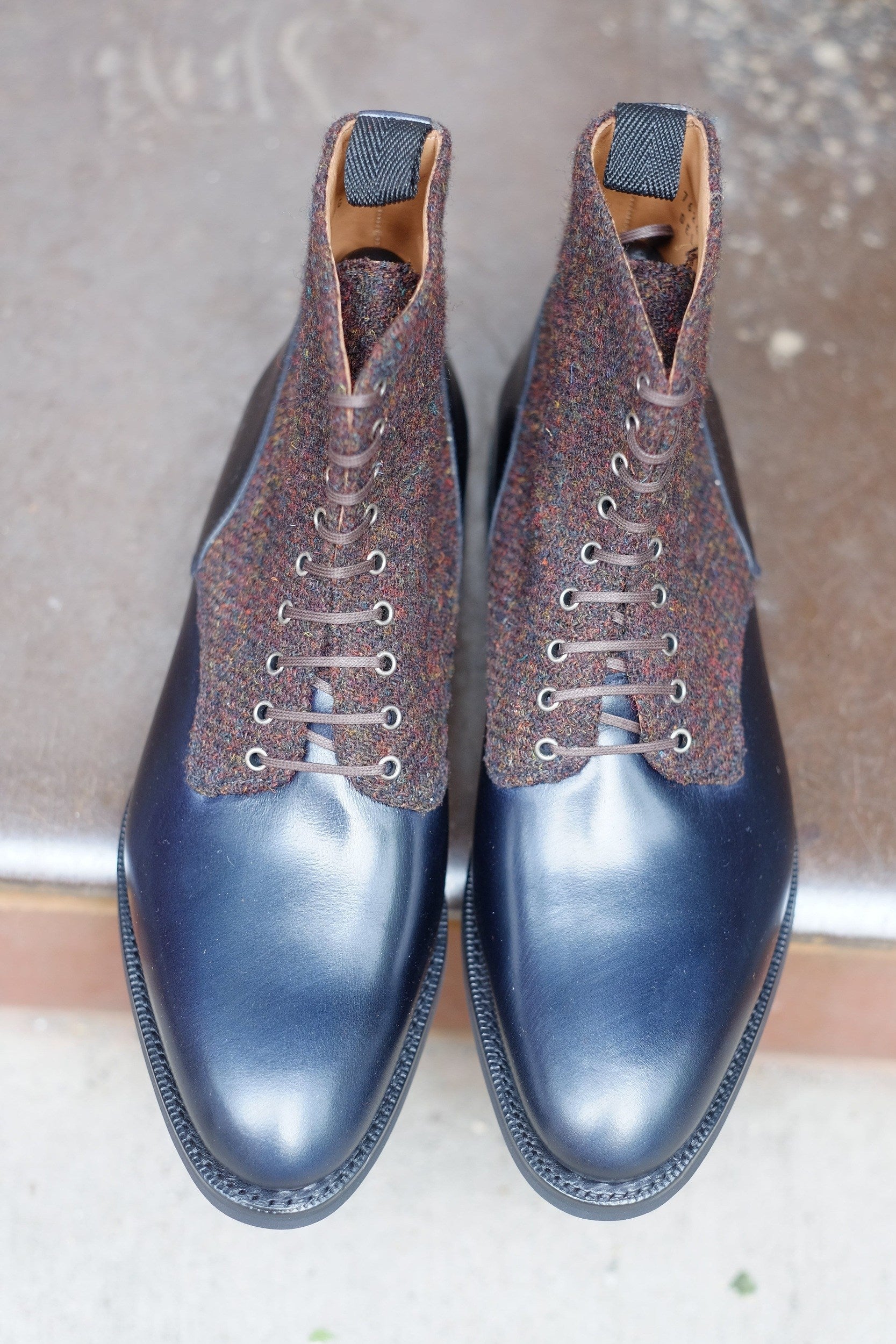 Blaine - MTO - Rugged Navy Calf / Burgundy Medley Tweed - Aged Silver Eyelets (No Speedhooks) - TMG Last - Rugged Rubber Sole-Made To Order Boot Lace Laceup Plain Toe-J.FitzPatrick Footwear