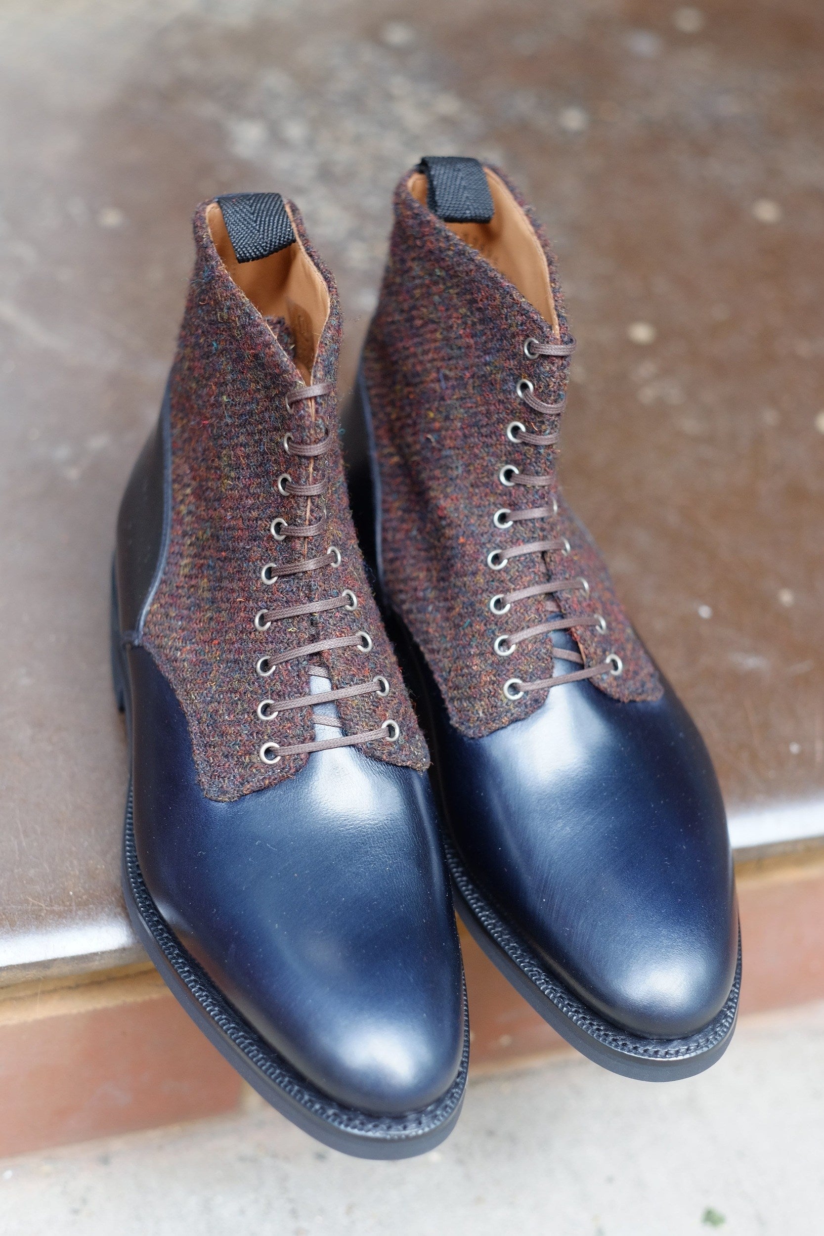 Blaine - MTO - Rugged Navy Calf / Burgundy Medley Tweed - Aged Silver Eyelets (No Speedhooks) - TMG Last - Rugged Rubber Sole-Made To Order Boot Lace Laceup Plain Toe-J.FitzPatrick Footwear