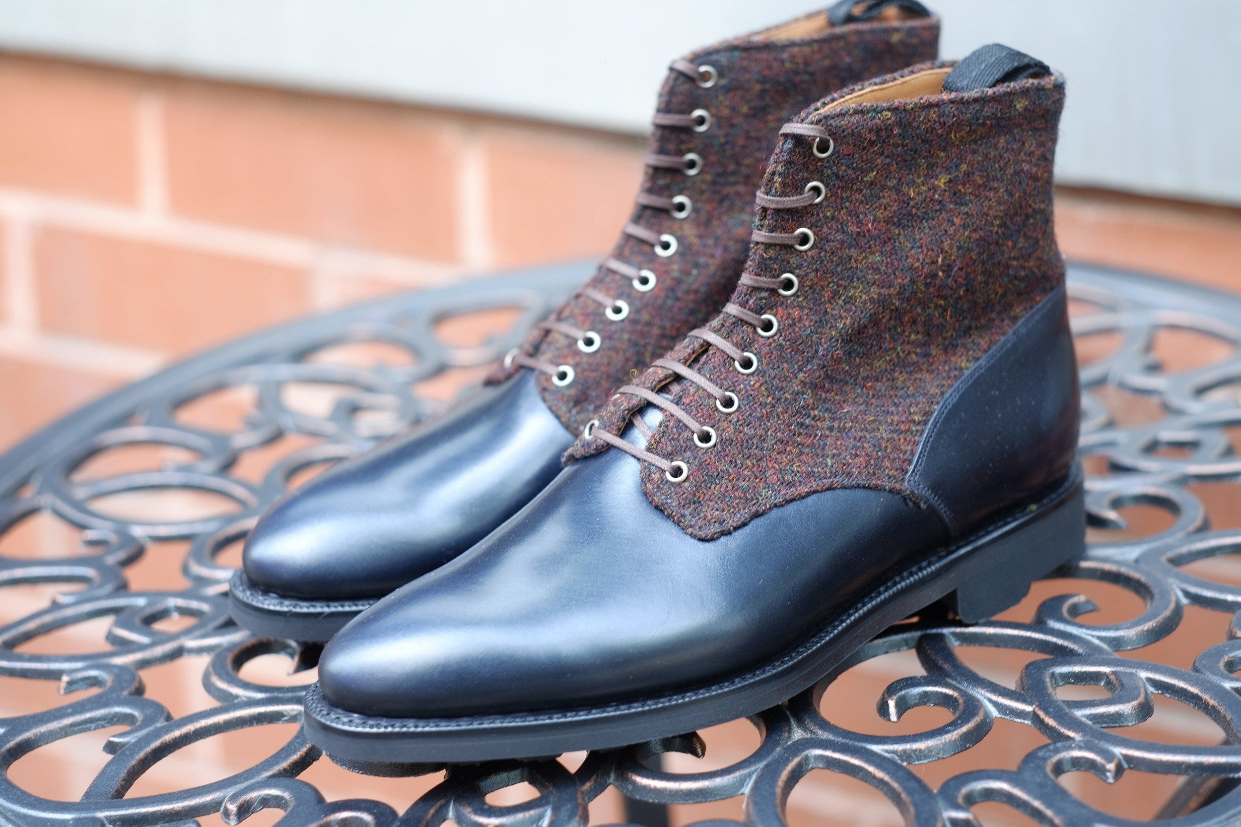 Blaine - MTO - Rugged Navy Calf / Burgundy Medley Tweed - Aged Silver Eyelets (No Speedhooks) - TMG Last - Rugged Rubber Sole-Made To Order Boot Lace Laceup Plain Toe-J.FitzPatrick Footwear