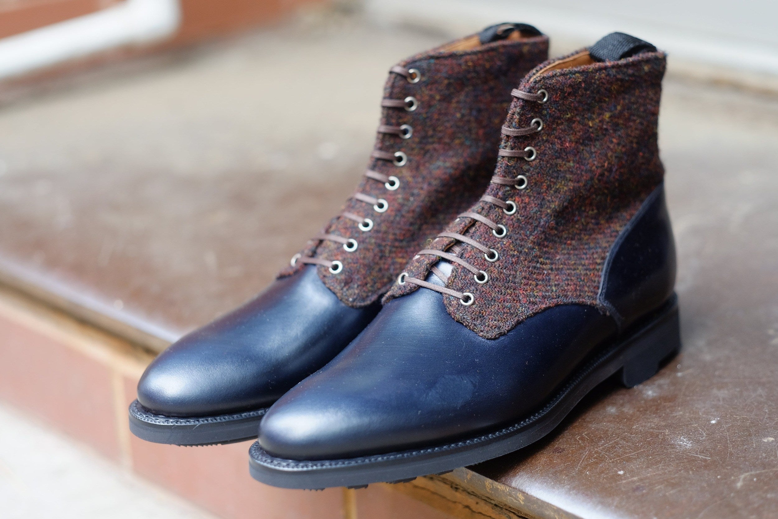 Blaine - MTO - Rugged Navy Calf / Burgundy Medley Tweed - Aged Silver Eyelets (No Speedhooks) - TMG Last - Rugged Rubber Sole-Made To Order Boot Lace Laceup Plain Toe-J.FitzPatrick Footwear