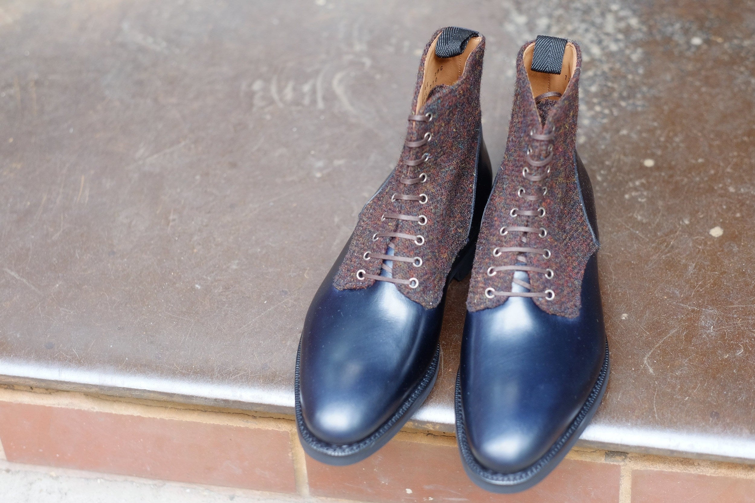 Blaine - MTO - Rugged Navy Calf / Burgundy Medley Tweed - Aged Silver Eyelets (No Speedhooks) - TMG Last - Rugged Rubber Sole-Made To Order Boot Lace Laceup Plain Toe-J.FitzPatrick Footwear