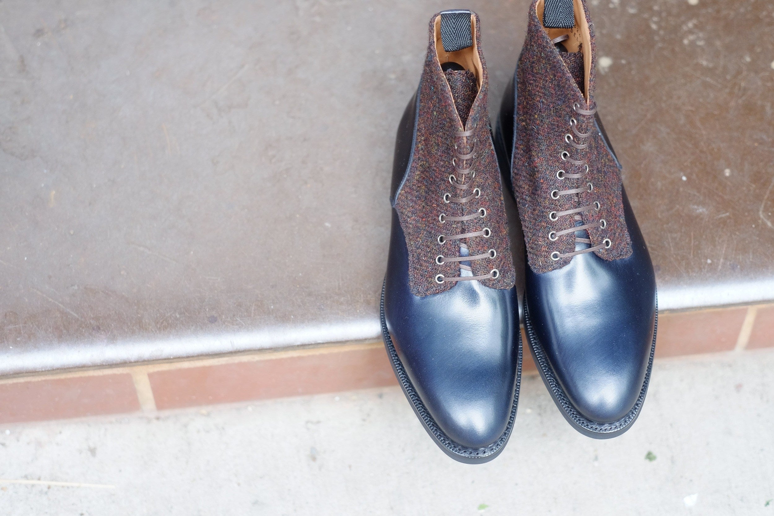 Blaine - MTO - Rugged Navy Calf / Burgundy Medley Tweed - Aged Silver Eyelets (No Speedhooks) - TMG Last - Rugged Rubber Sole-Made To Order Boot Lace Laceup Plain Toe-J.FitzPatrick Footwear