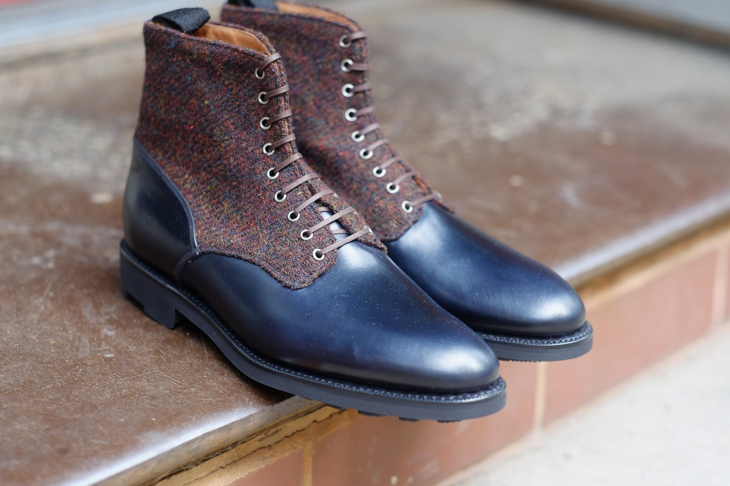 Blaine - MTO - Rugged Navy Calf / Burgundy Medley Tweed - Aged Silver Eyelets (No Speedhooks) - TMG Last - Rugged Rubber Sole-Made To Order Boot Lace Laceup Plain Toe-J.FitzPatrick Footwear