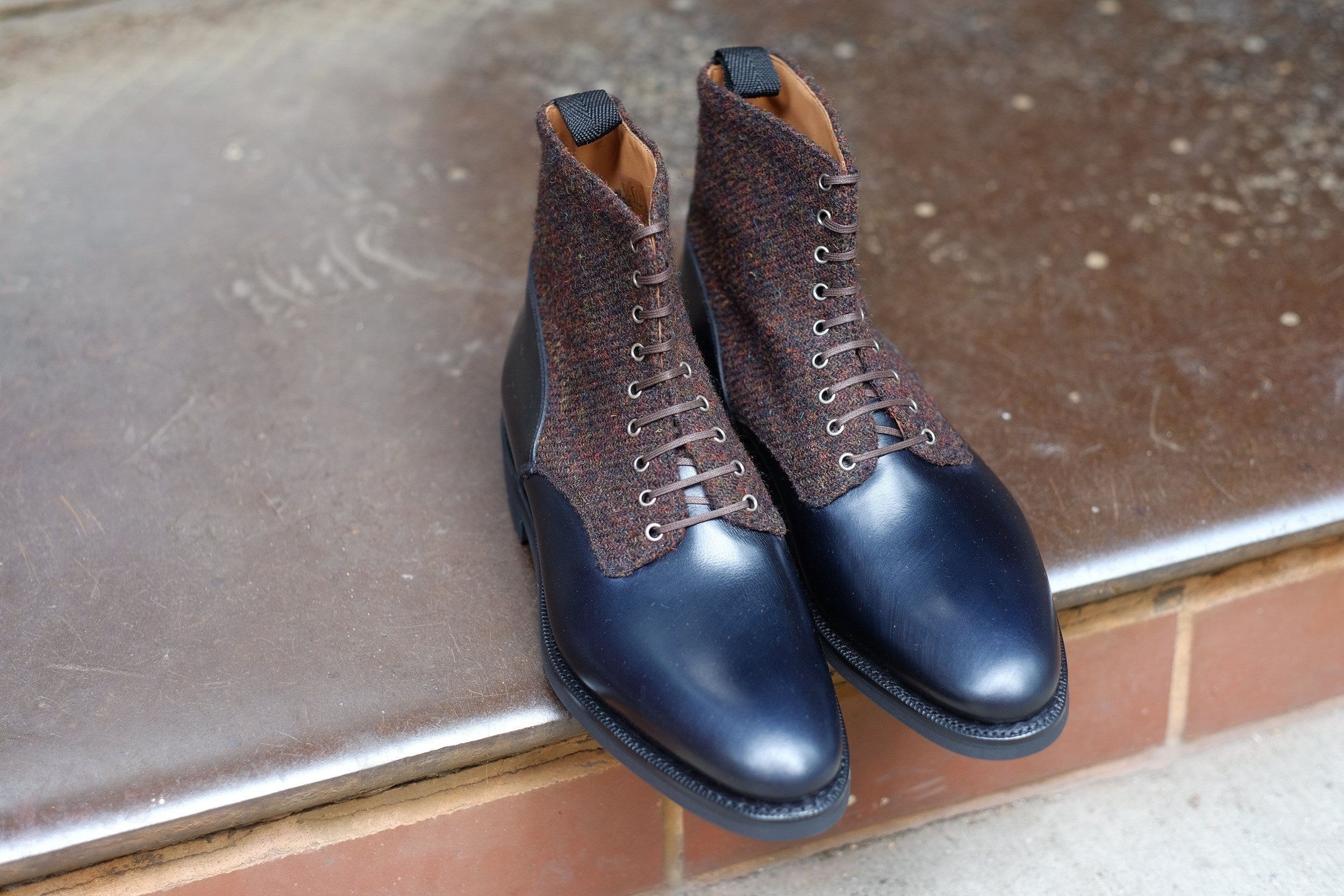 Blaine - MTO - Rugged Navy Calf / Burgundy Medley Tweed - Aged Silver Eyelets (No Speedhooks) - TMG Last - Rugged Rubber Sole-Made To Order Boot Lace Laceup Plain Toe-J.FitzPatrick Footwear
