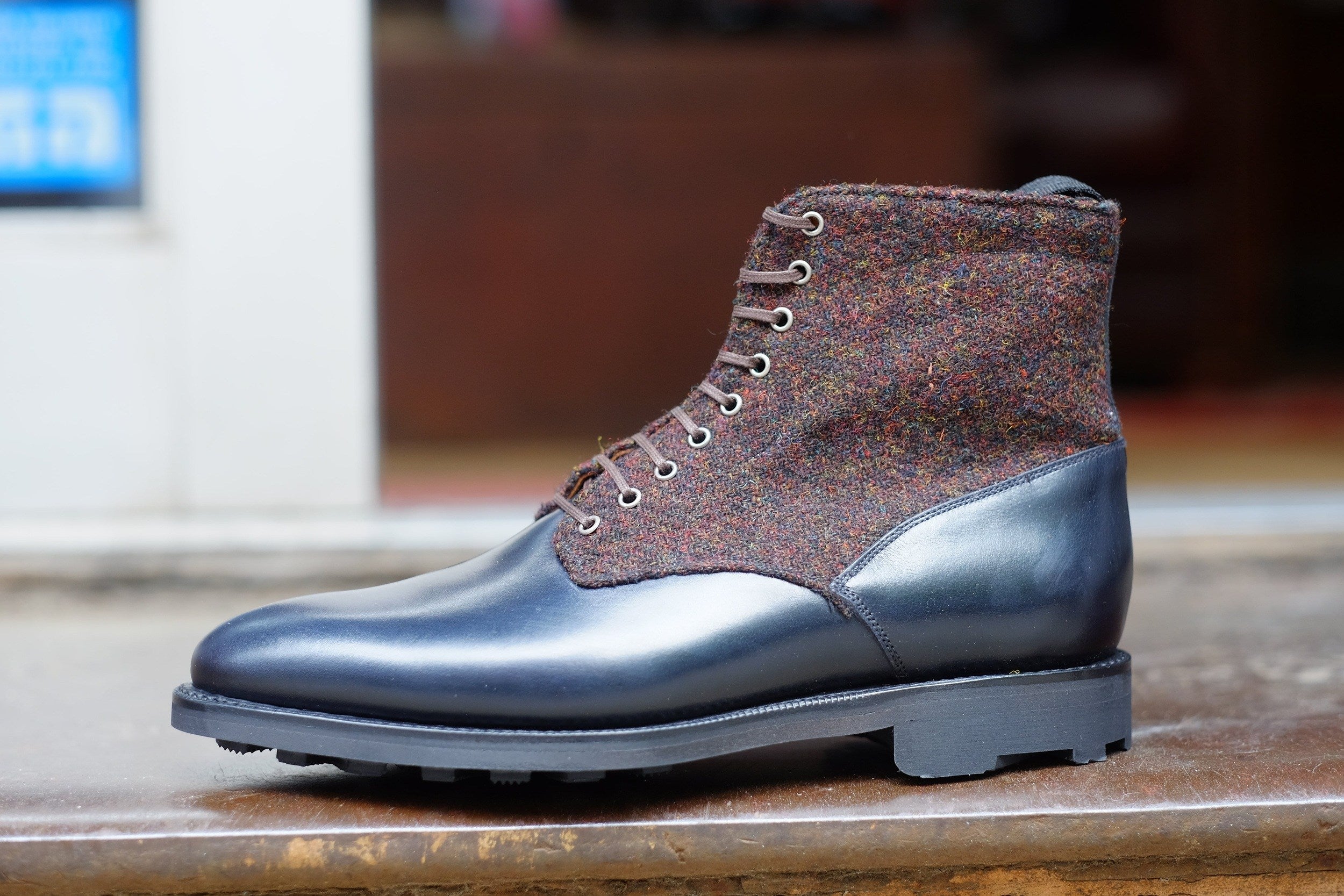 Blaine - MTO - Rugged Navy Calf / Burgundy Medley Tweed - Aged Silver Eyelets (No Speedhooks) - TMG Last - Rugged Rubber Sole-Made To Order Boot Lace Laceup Plain Toe-J.FitzPatrick Footwear