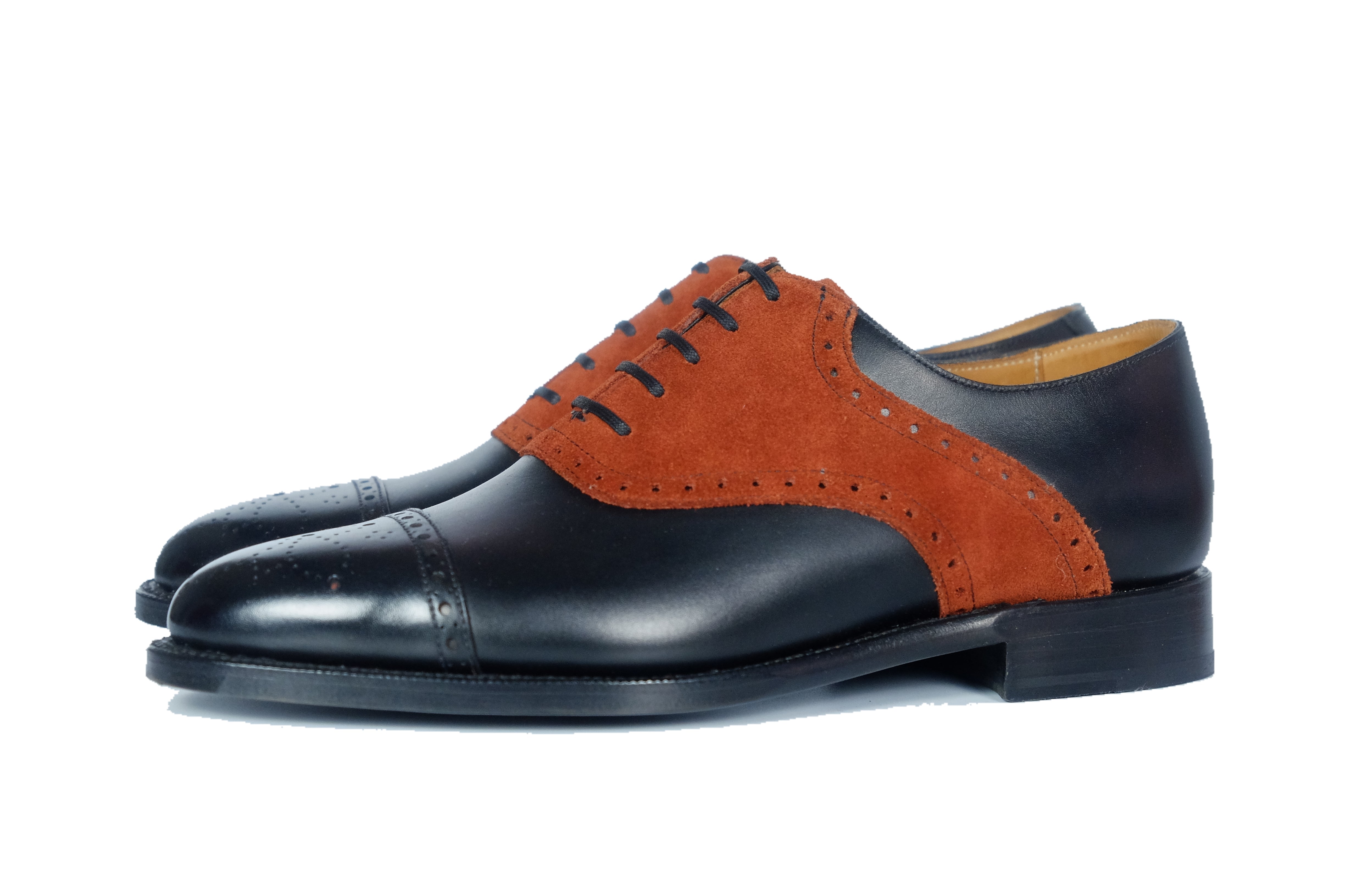 Burien - MTO - Black Calf / Rust Suede - TMG Last - Single Leather Sole-Made To Order Cap Toe Medallion Saddle Shoe Oxfords Brogues-J.FitzPatrick Footwear