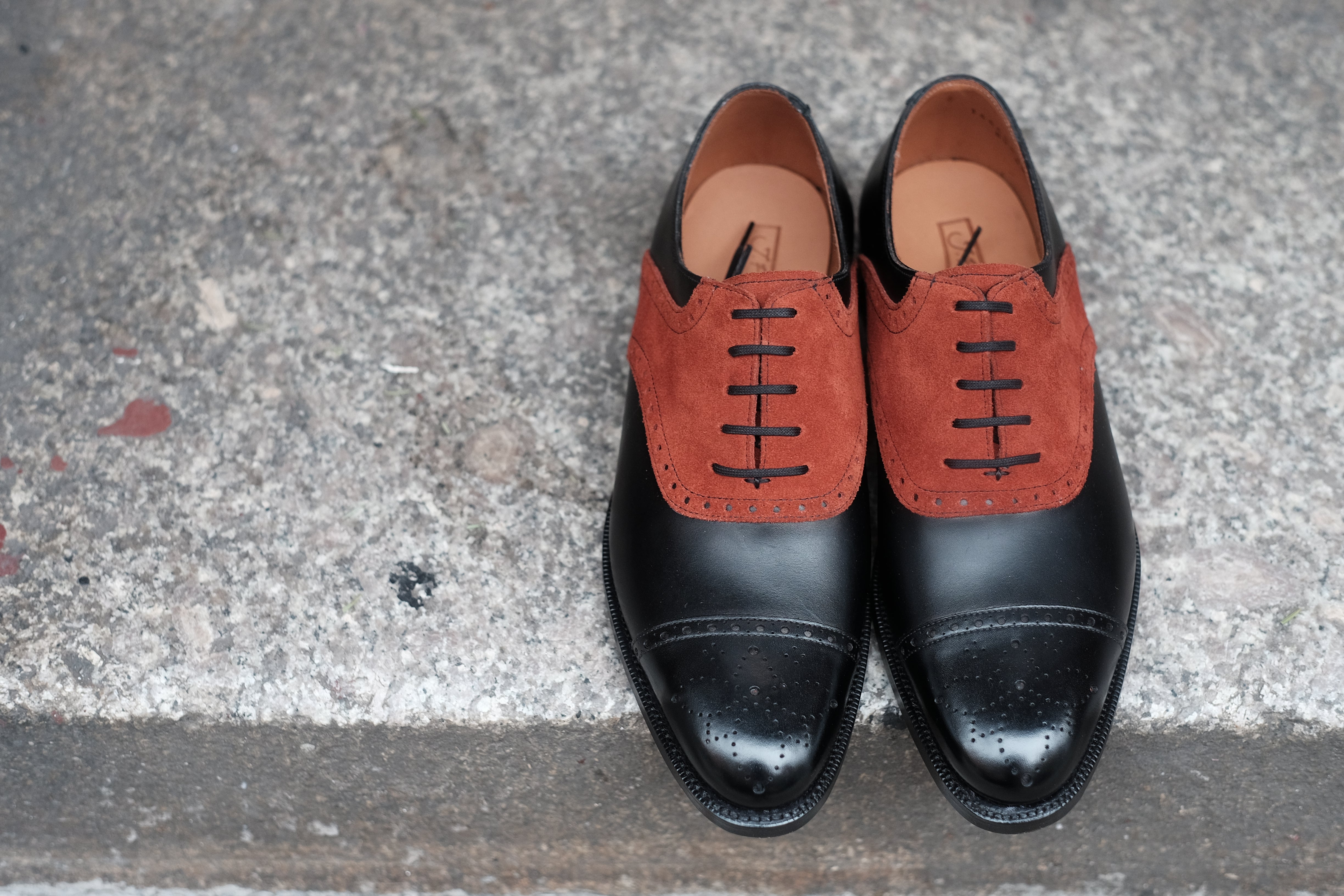 Burien - MTO - Black Calf / Rust Suede - TMG Last - Single Leather Sole-Made To Order Cap Toe Medallion Saddle Shoe Oxfords Brogues-J.FitzPatrick Footwear
