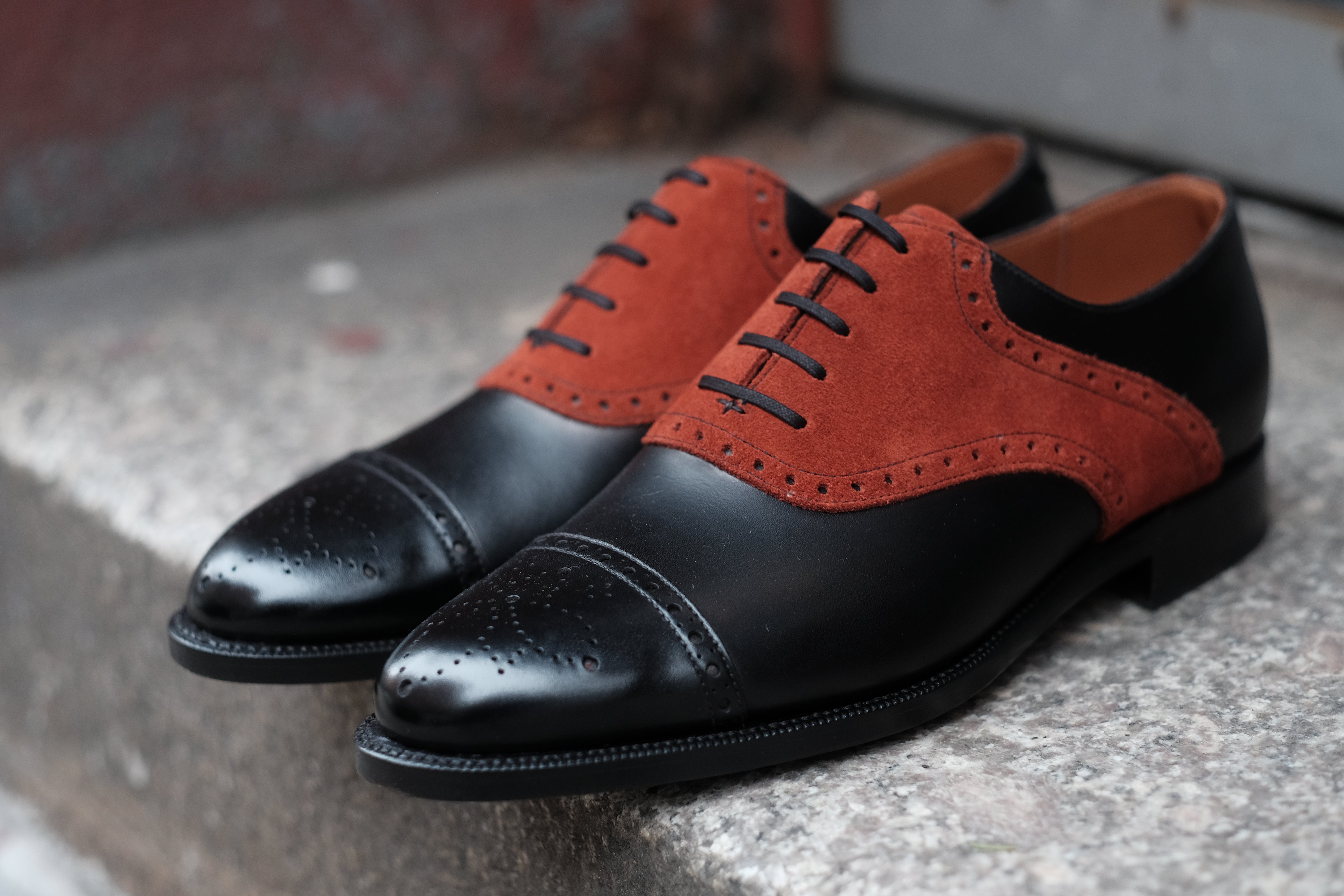 Burien - MTO - Black Calf / Rust Suede - TMG Last - Single Leather Sole-Made To Order Cap Toe Medallion Saddle Shoe Oxfords Brogues-J.FitzPatrick Footwear