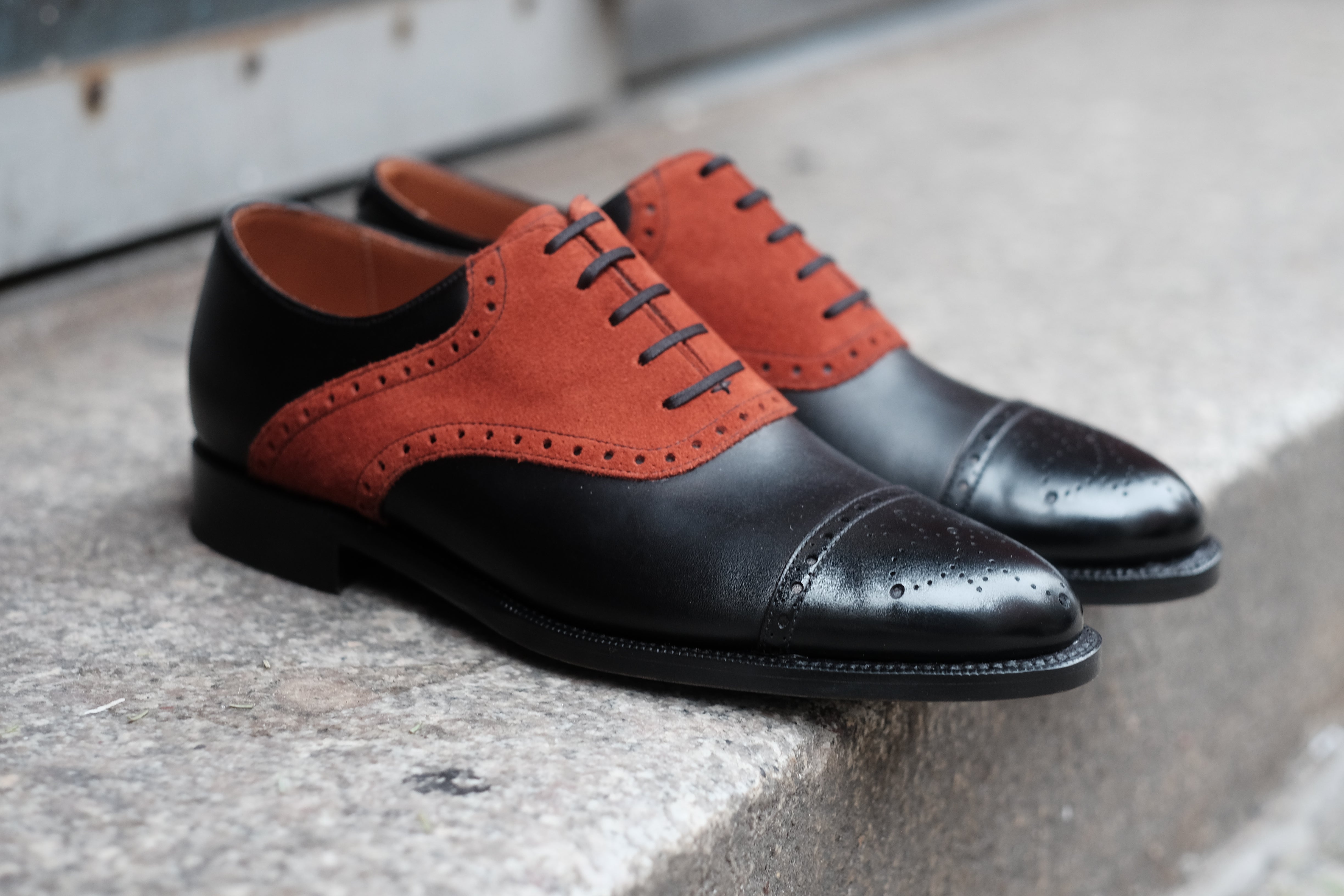 Burien - MTO - Black Calf / Rust Suede - TMG Last - Single Leather Sole-Made To Order Cap Toe Medallion Saddle Shoe Oxfords Brogues-J.FitzPatrick Footwear