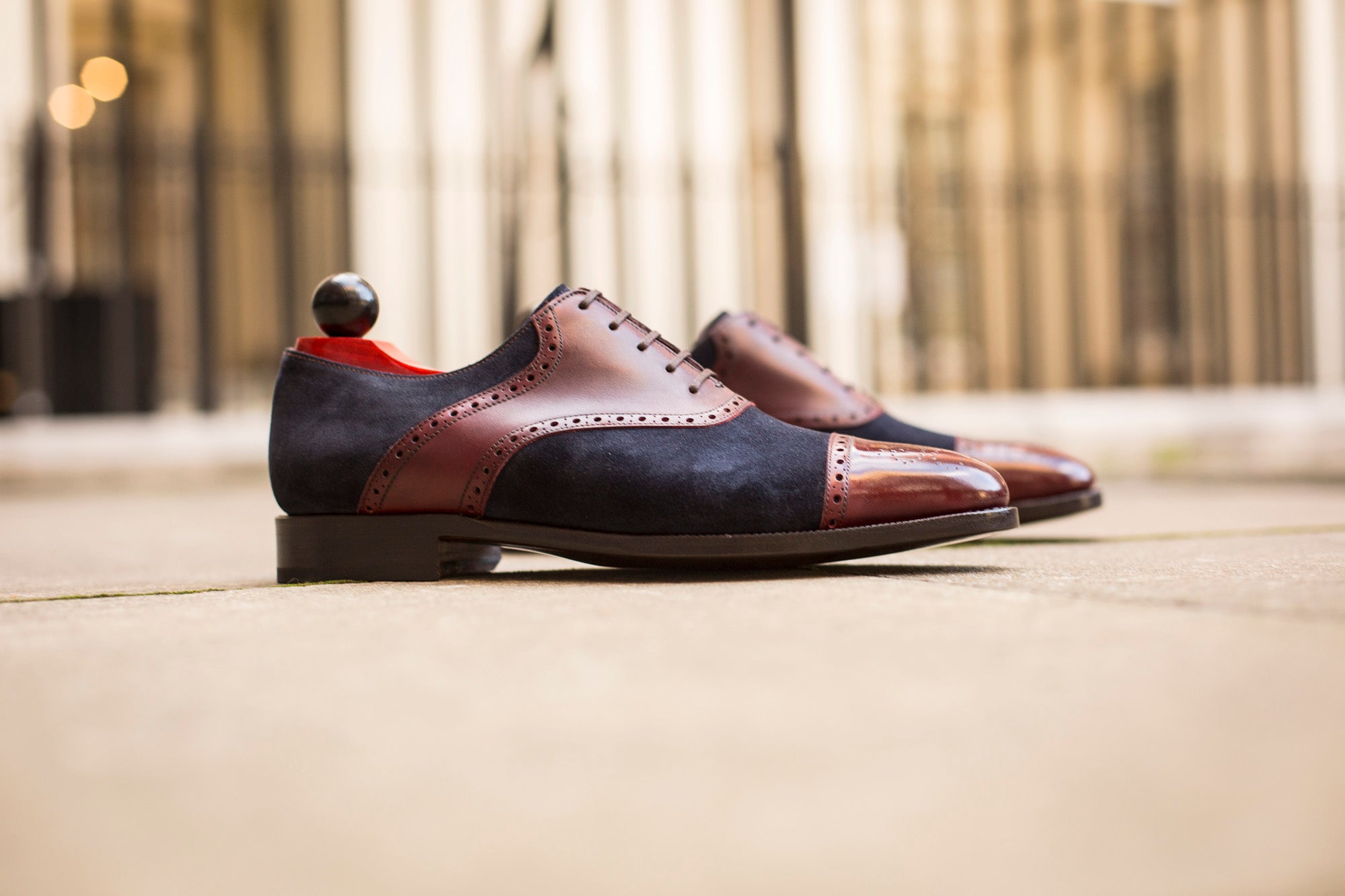 Burien - MTO - Burgundy Calf / Navy Suede - TMG Last - Single Leather Sole-Made To Order Cap Toe Medallion Saddle Shoe Oxfords Brogues-J.FitzPatrick Footwear