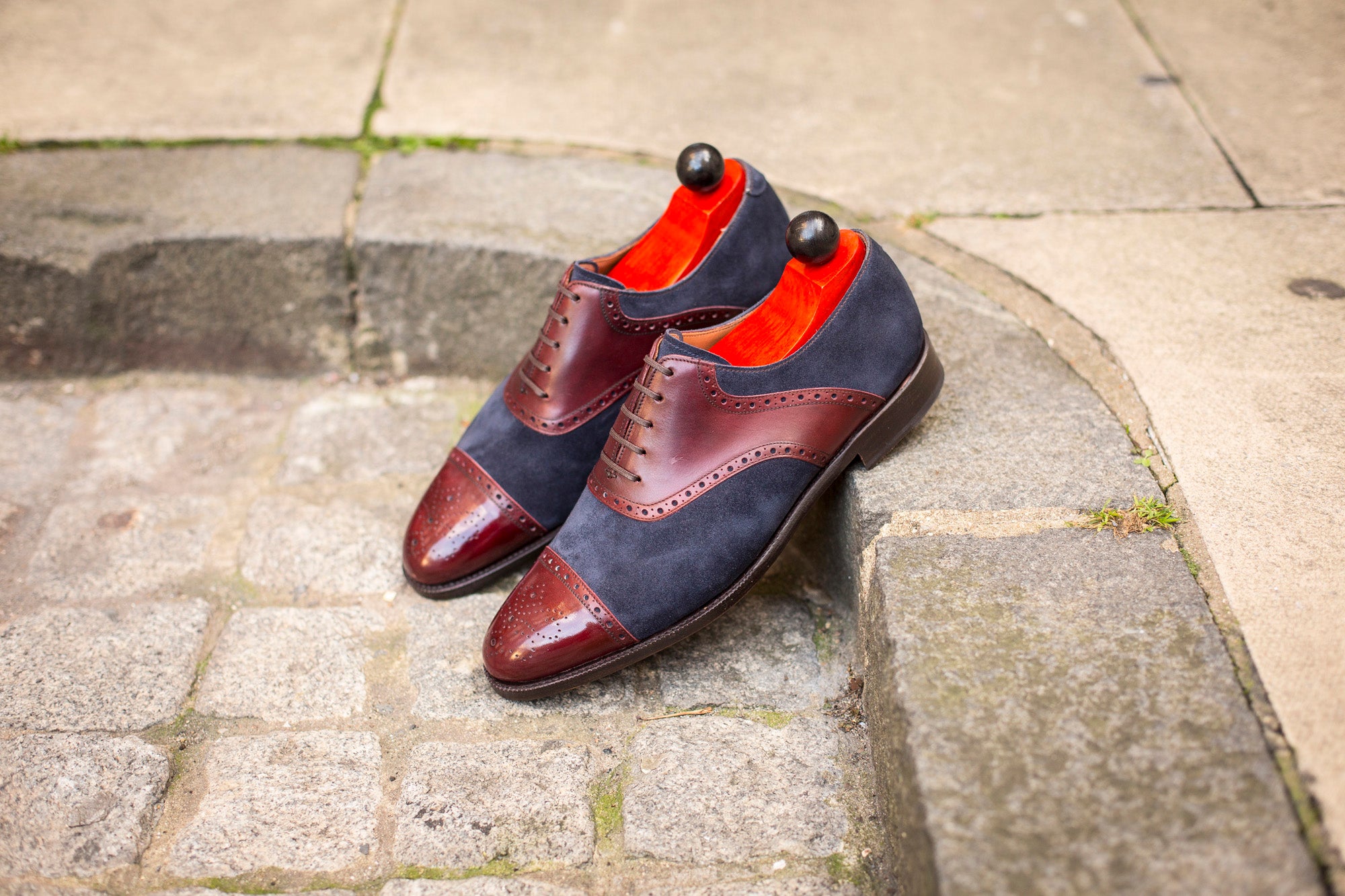 Burien - MTO - Burgundy Calf / Navy Suede - TMG Last - Single Leather Sole-Made To Order Cap Toe Medallion Saddle Shoe Oxfords Brogues-J.FitzPatrick Footwear