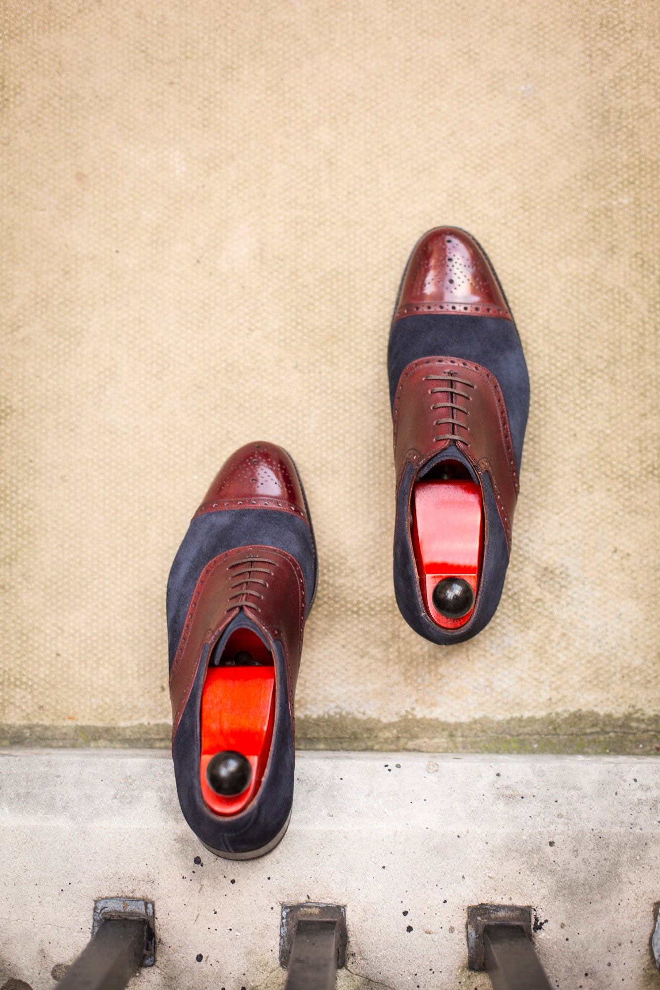 Burien - MTO - Burgundy Calf / Navy Suede - TMG Last - Single Leather Sole-Made To Order Cap Toe Medallion Saddle Shoe Oxfords Brogues-J.FitzPatrick Footwear