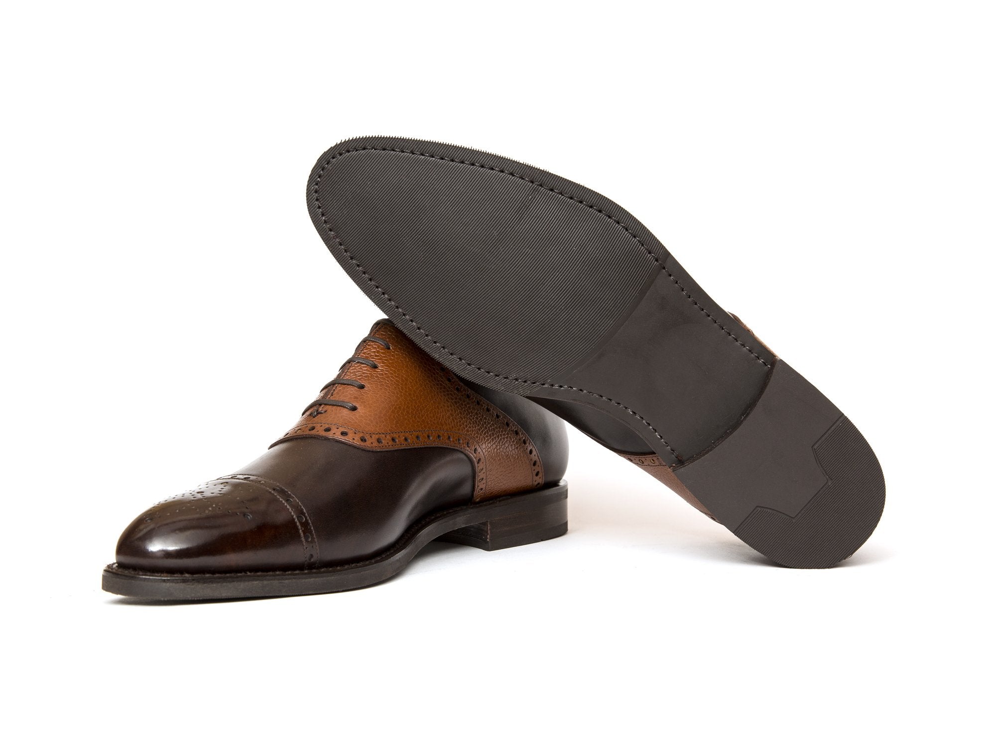 Burien - MTO - Dark Brown Museum Calf / Tan Soft Grain - TMG Last - City Rubber Sole-Made To Order Cap Toe Medallion Saddle Shoe Oxfords Brogues-J.FitzPatrick Footwear