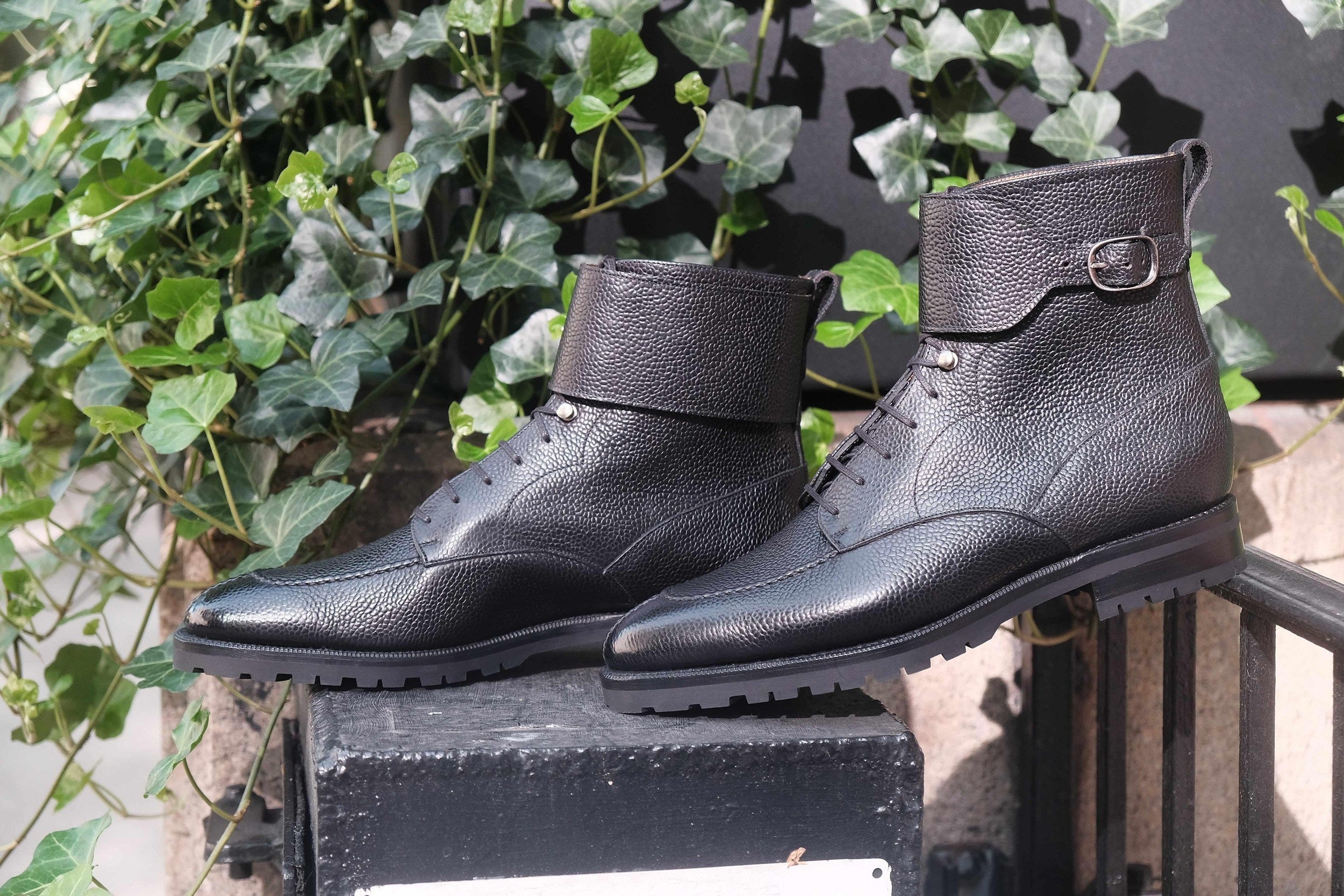 Colville - Black Scotch Grain-Strap Derby Boots-J.FitzPatrick Footwear