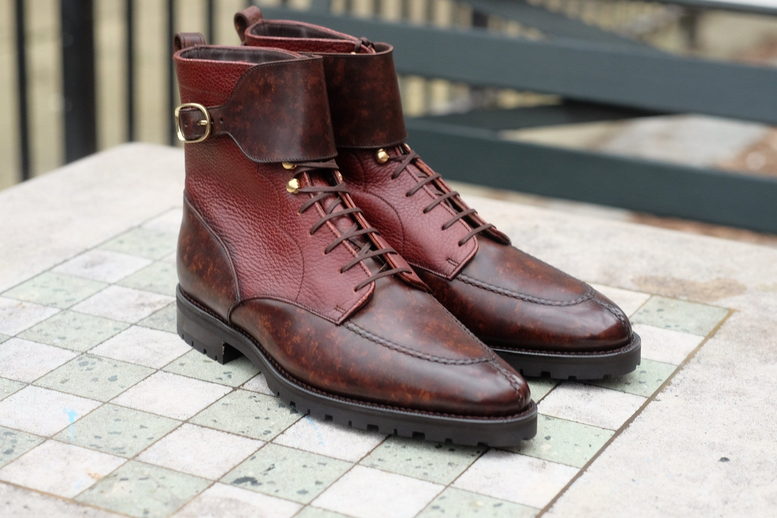 Colville - MTO - Dark Brown Marble Patina / Chestnut Soft Hatch Grain - TMG Last - Commando Sole-Made To Order Strap Boots-J.FitzPatrick Footwear