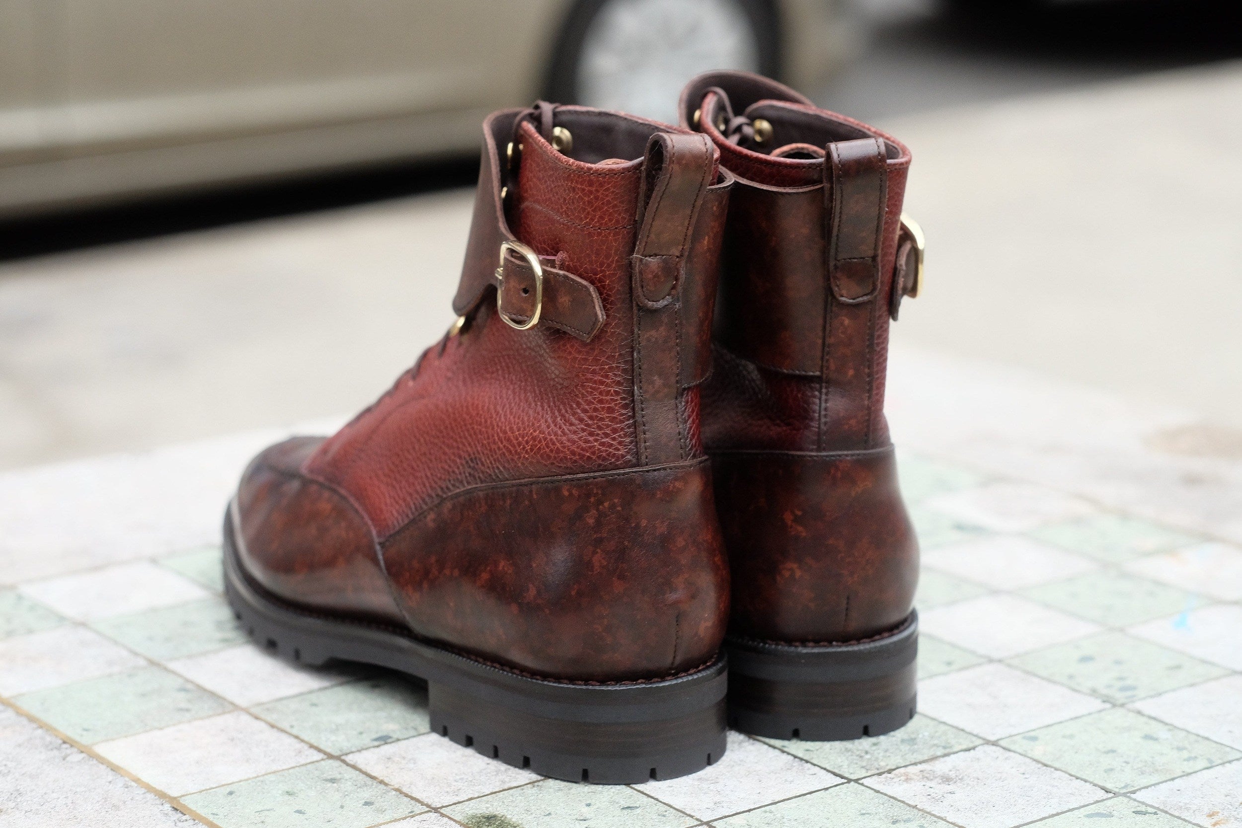 Colville - MTO - Dark Brown Marble Patina / Chestnut Soft Hatch Grain - TMG Last - Commando Sole-Made To Order Strap Boots-J.FitzPatrick Footwear