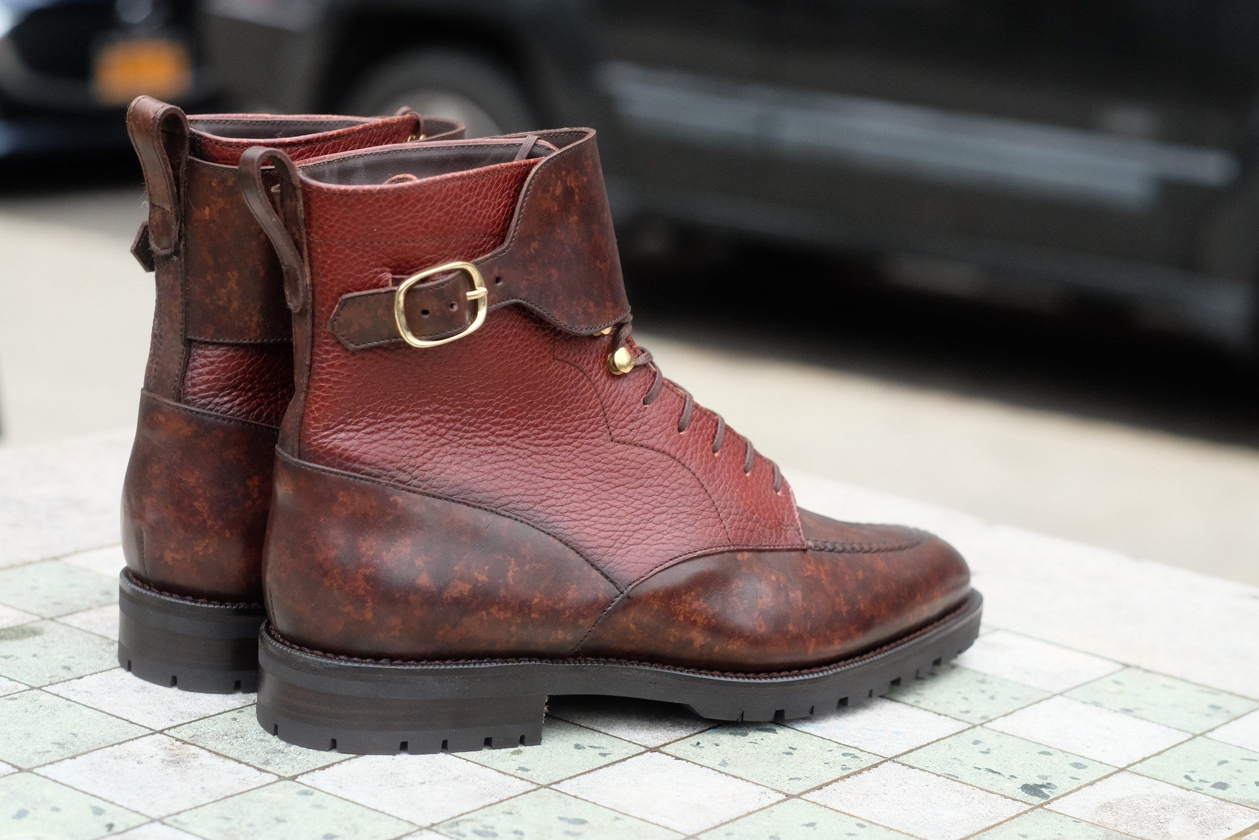 Colville - MTO - Dark Brown Marble Patina / Chestnut Soft Hatch Grain - TMG Last - Commando Sole-Made To Order Strap Boots-J.FitzPatrick Footwear