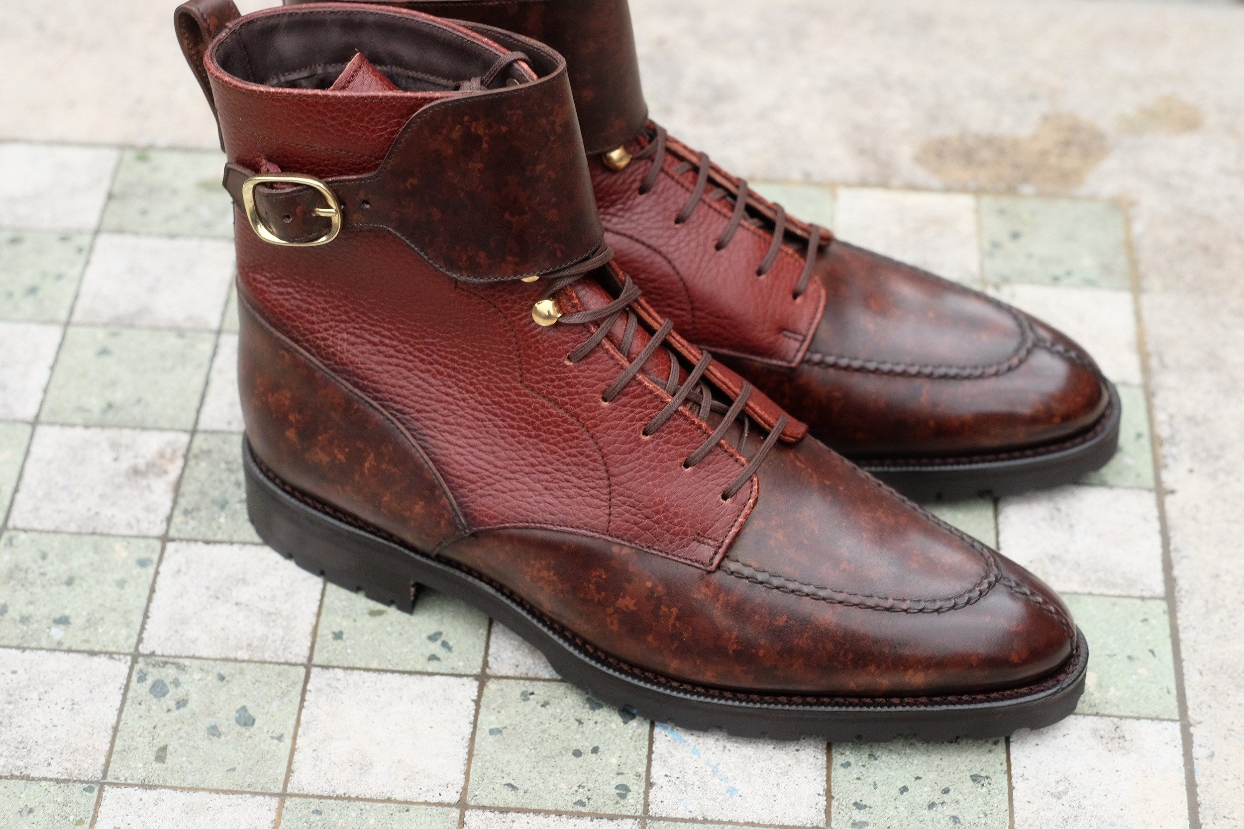 Colville - MTO - Dark Brown Marble Patina / Chestnut Soft Hatch Grain - TMG Last - Commando Sole-Made To Order Strap Boots-J.FitzPatrick Footwear