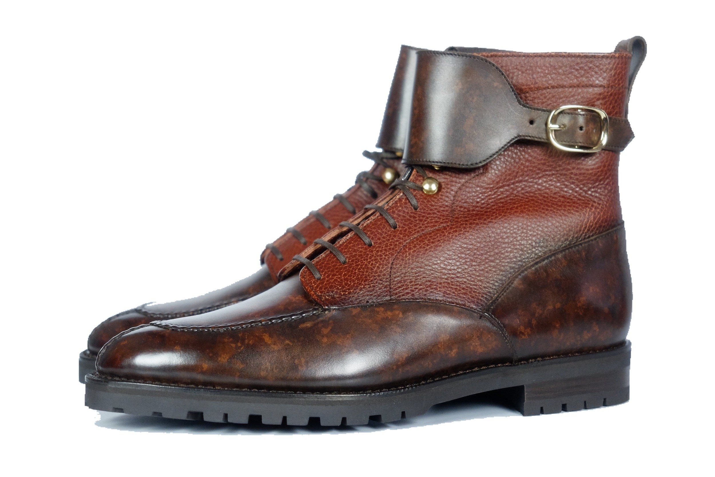 Colville - MTO - Dark Brown Marble Patina / Chestnut Soft Hatch Grain - TMG Last - Commando Sole-Made To Order Strap Boots-J.FitzPatrick Footwear