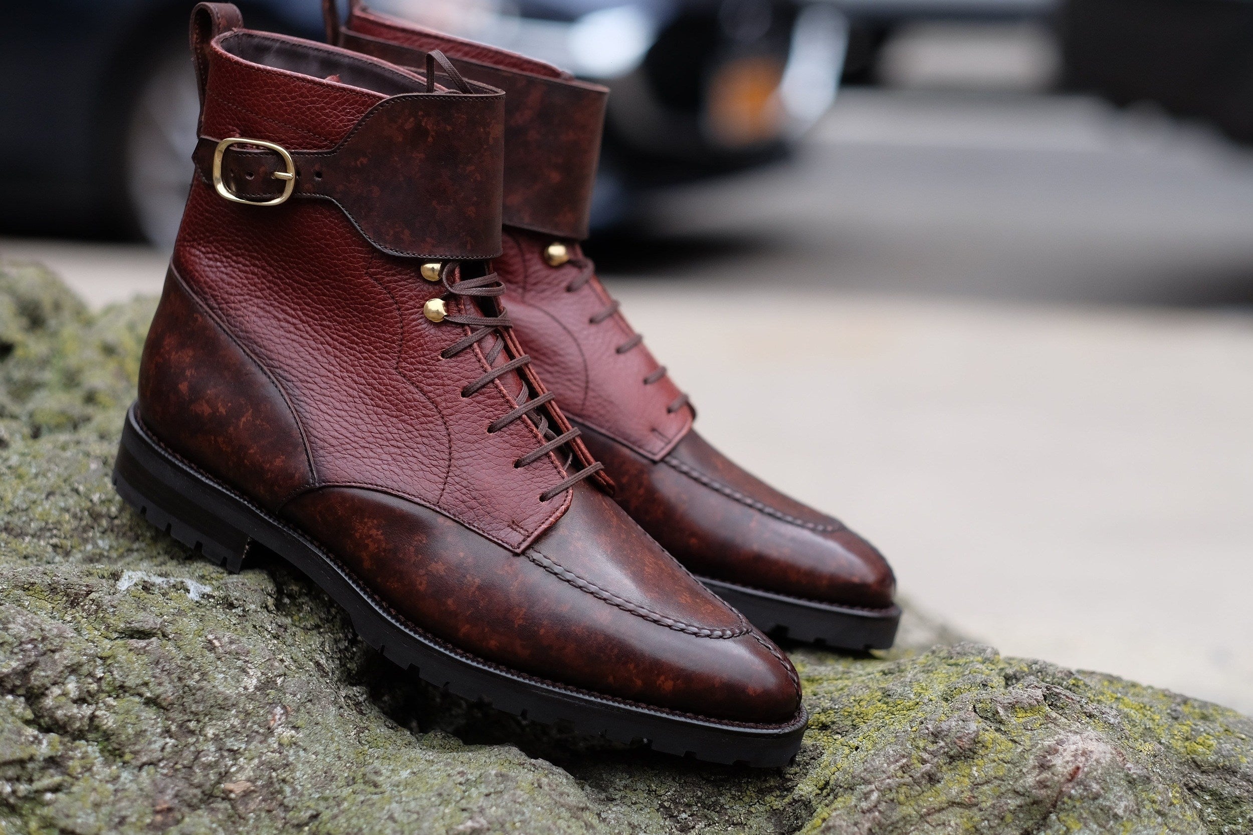 Colville - MTO - Dark Brown Marble Patina / Chestnut Soft Hatch Grain - TMG Last - Commando Sole-Made To Order Strap Boots-J.FitzPatrick Footwear