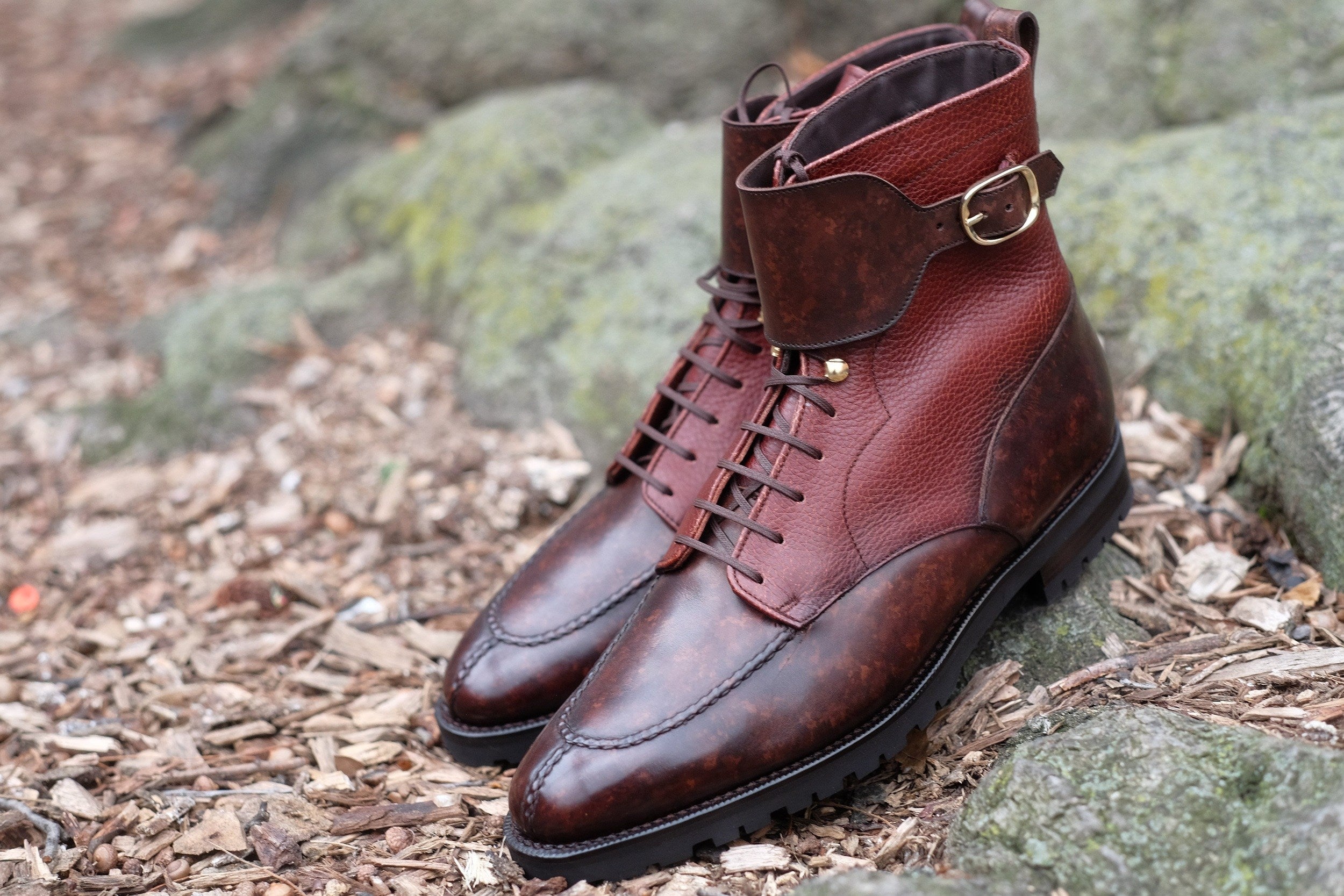 Colville - MTO - Dark Brown Marble Patina / Chestnut Soft Hatch Grain - TMG Last - Commando Sole-Made To Order Strap Boots-J.FitzPatrick Footwear