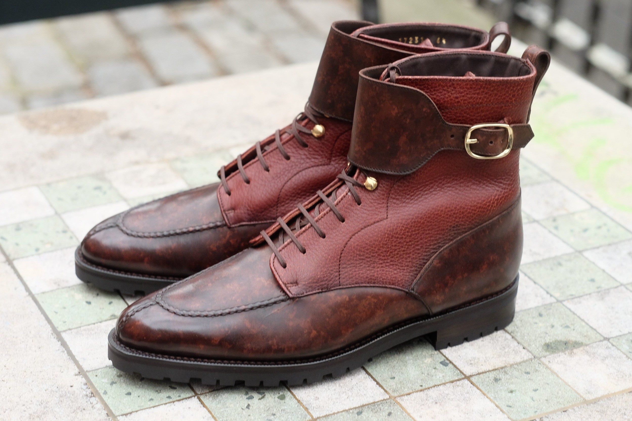 Colville - MTO - Dark Brown Marble Patina / Chestnut Soft Hatch Grain - TMG Last - Commando Sole-Made To Order Strap Boots-J.FitzPatrick Footwear