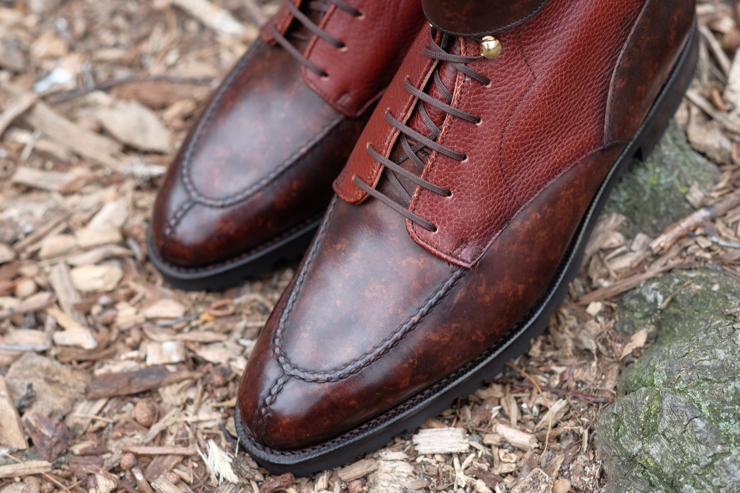 Colville - MTO - Dark Brown Marble Patina / Chestnut Soft Hatch Grain - TMG Last - Commando Sole-Made To Order Strap Boots-J.FitzPatrick Footwear