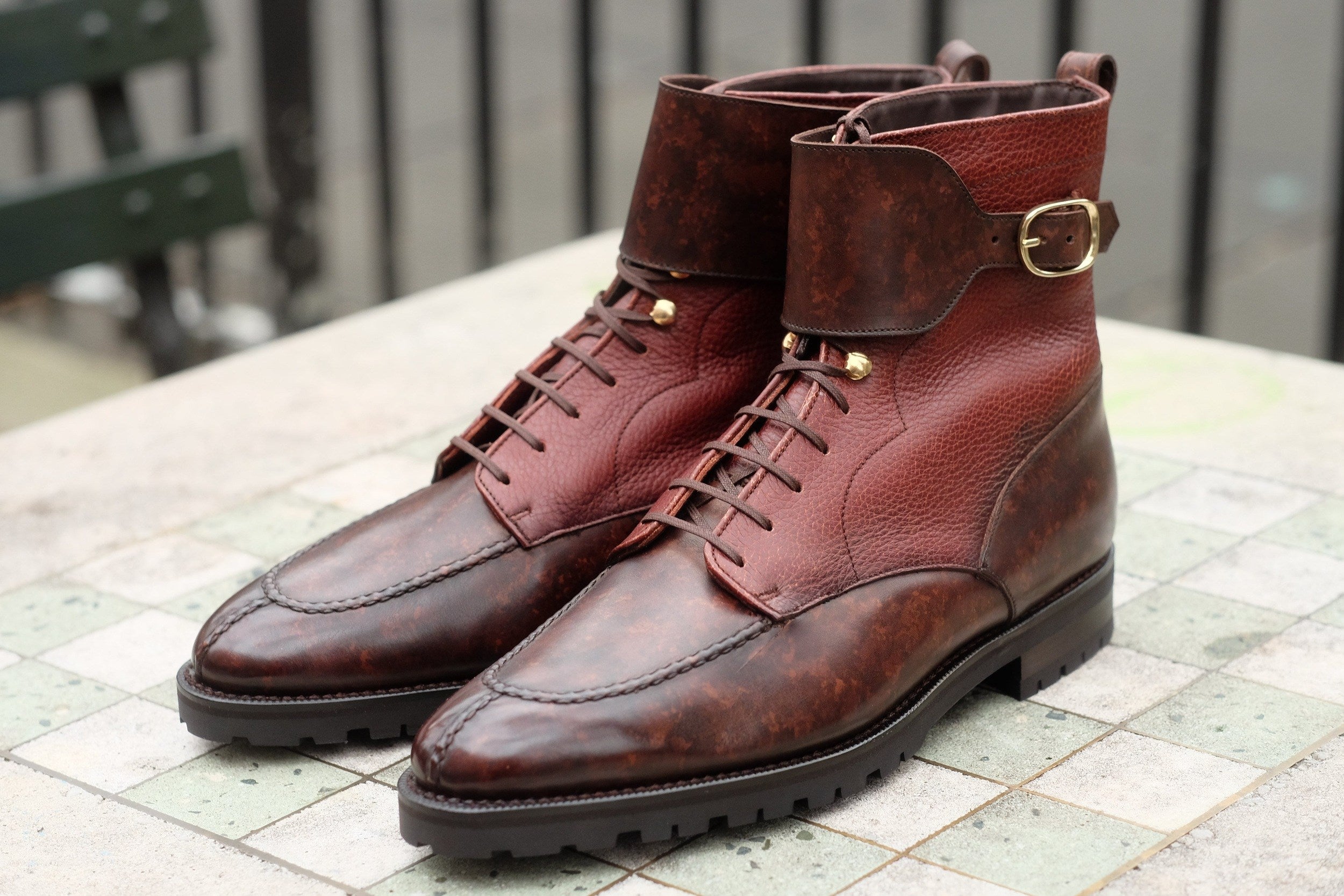 Colville - MTO - Dark Brown Marble Patina / Chestnut Soft Hatch Grain - TMG Last - Commando Sole-Made To Order Strap Boots-J.FitzPatrick Footwear