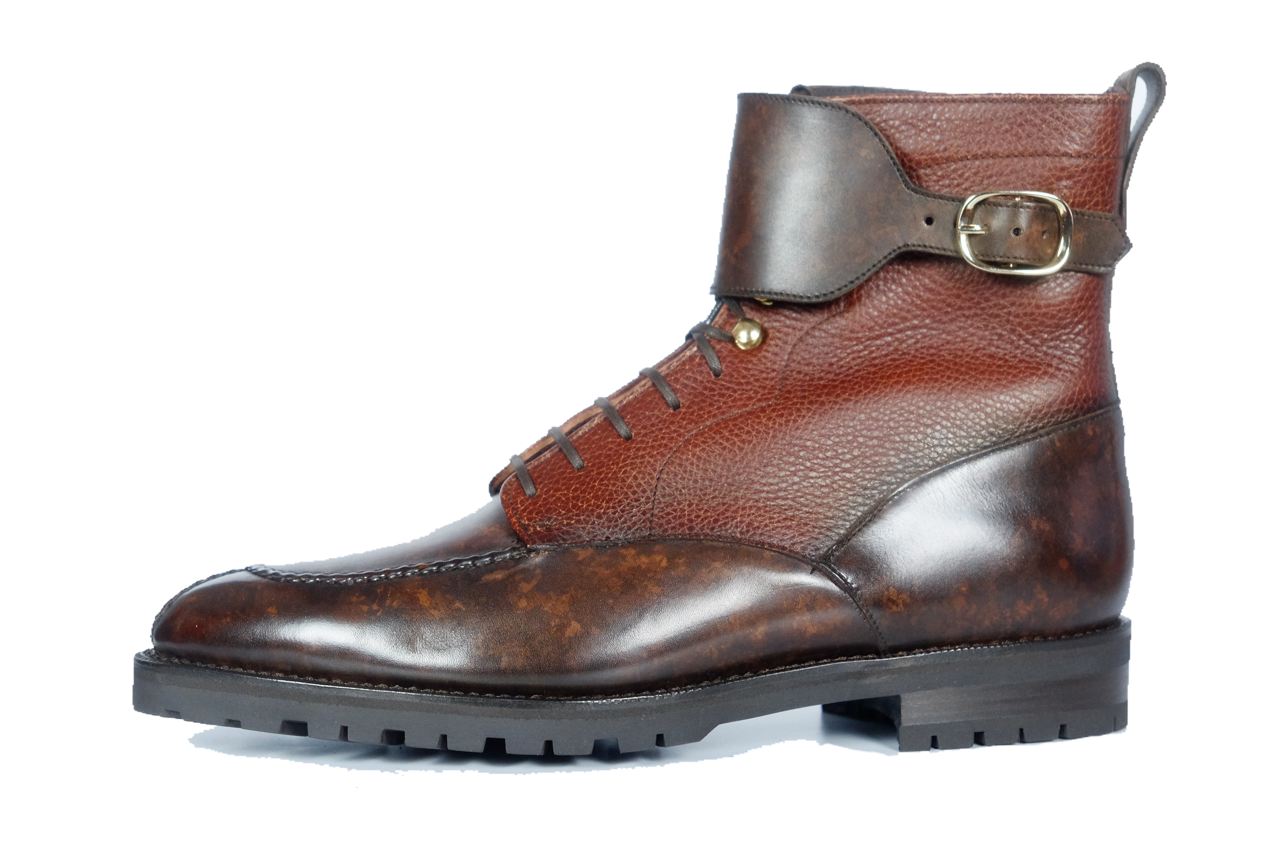 Colville - MTO - Dark Brown Marble Patina / Chestnut Soft Hatch Grain - TMG Last - Commando Sole-Made To Order Strap Boots-J.FitzPatrick Footwear